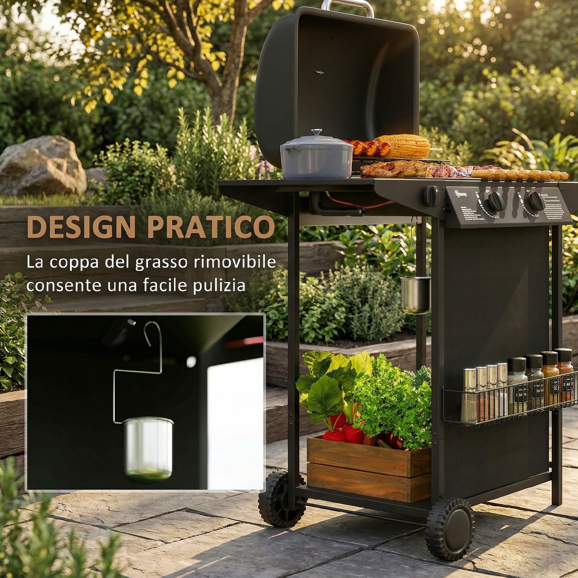 Outsunny Barbecue a Gas 7kW 2+1 Bruciatori con Coperchio, Termometro, Tavolino Laterale, Nero