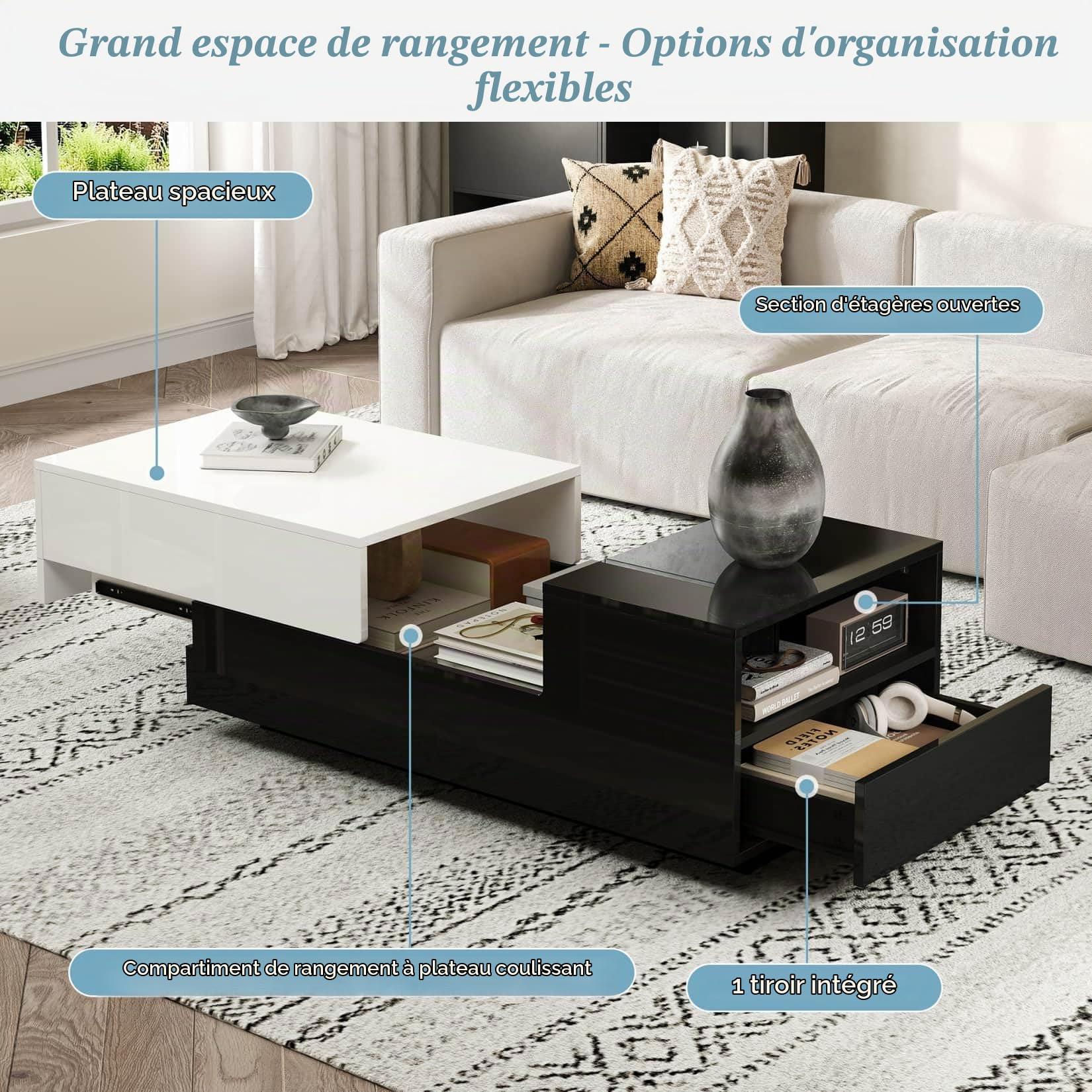 Table Basse Salon Blanche Extensible 100x50x38cm,Table d'appoint Brillante avec Plateau Coulissant,Tiroir,Grand Espace de Stockage,pour Salon (B-Noir)