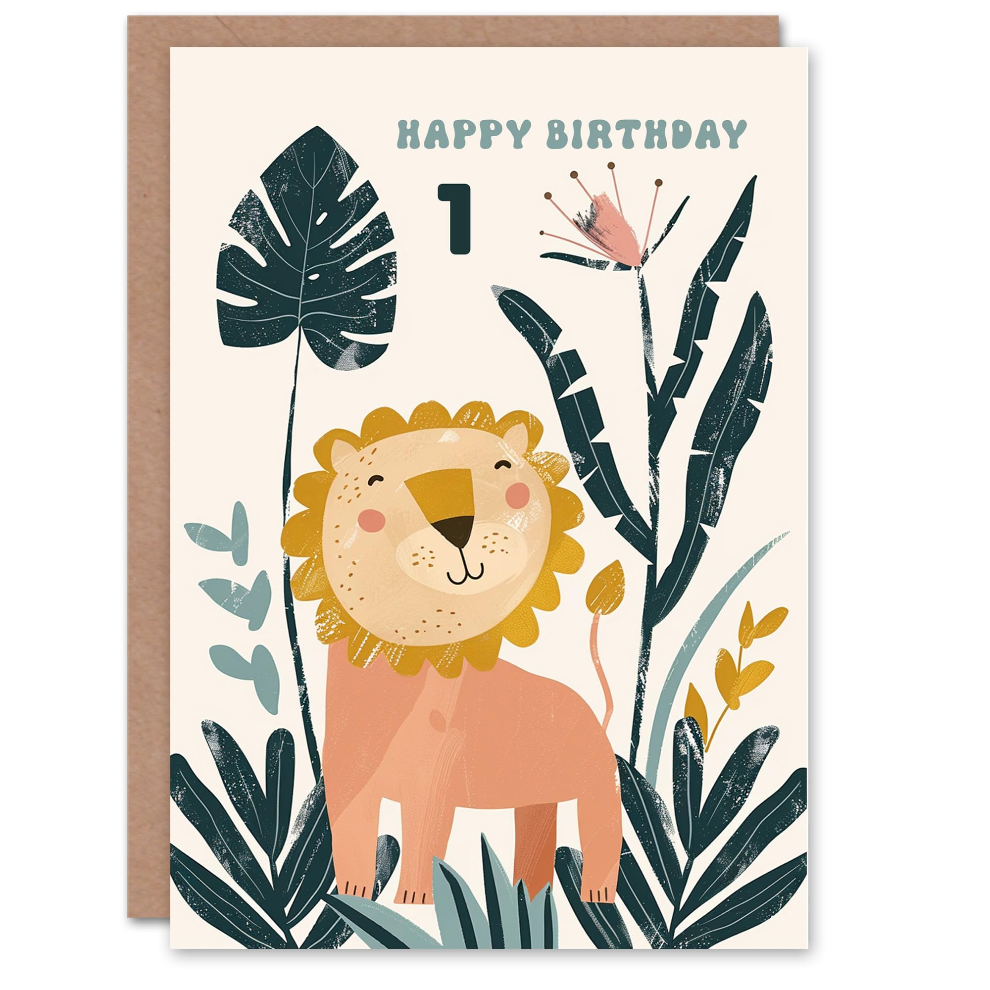 Artery8 1st Birthday Card Cute Happy Lion Jungle Flowers Kids Age 1 Year Old Child For Son Daughter Girl Boy Happy Card