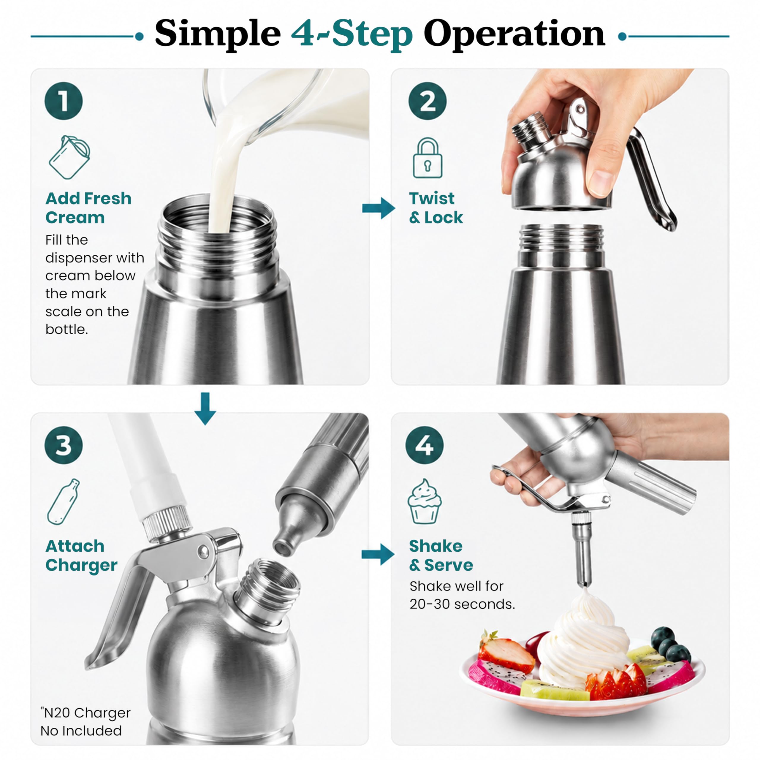 Dispensador profesional de crema batida – Bote de aluminio de 500 ml con 2 juegos de puntas de acero inoxidable y plástico, cepillo de limpieza y bolsa de almacenamiento de malla, a prueba de fugas y