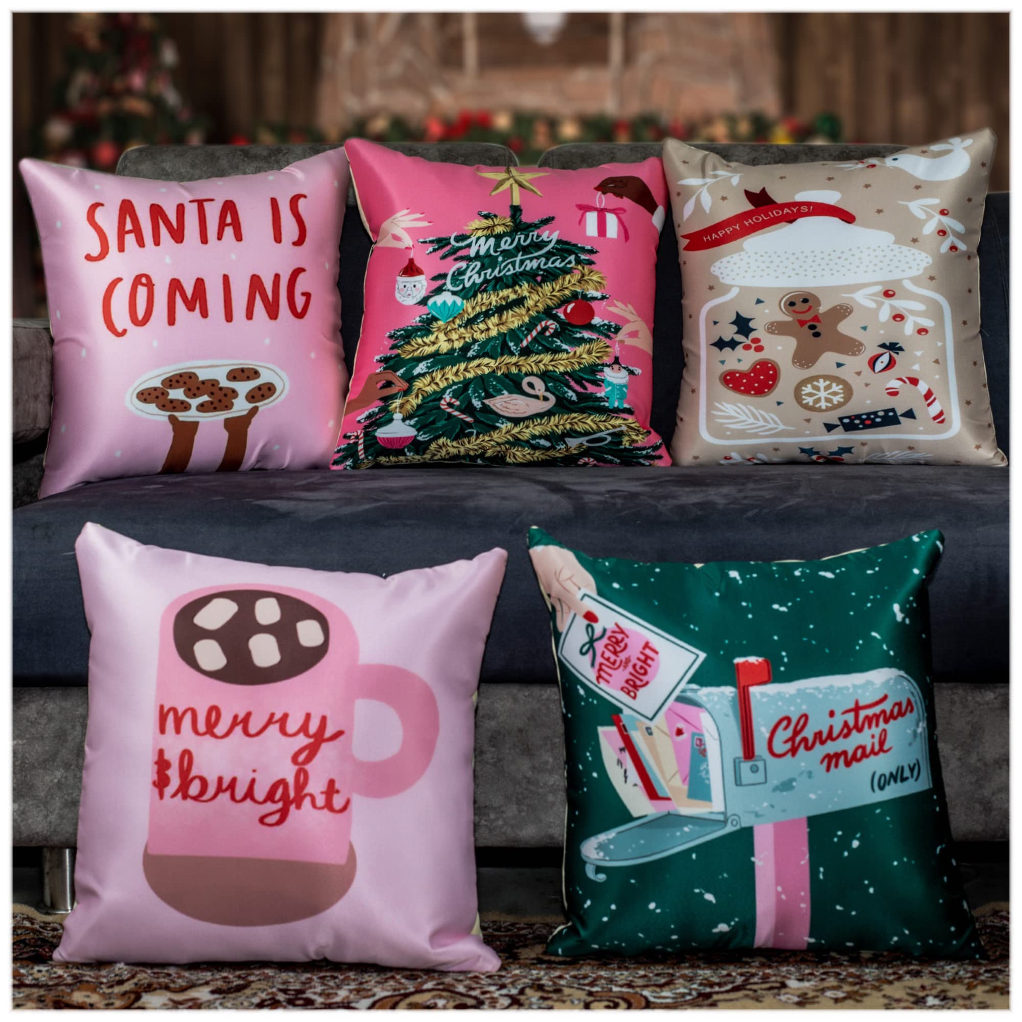 Juego de 5 fundas de cojín de satén estampadas decorativas de Feliz Navidad (multicolor) (61 x 61 cm, correos)