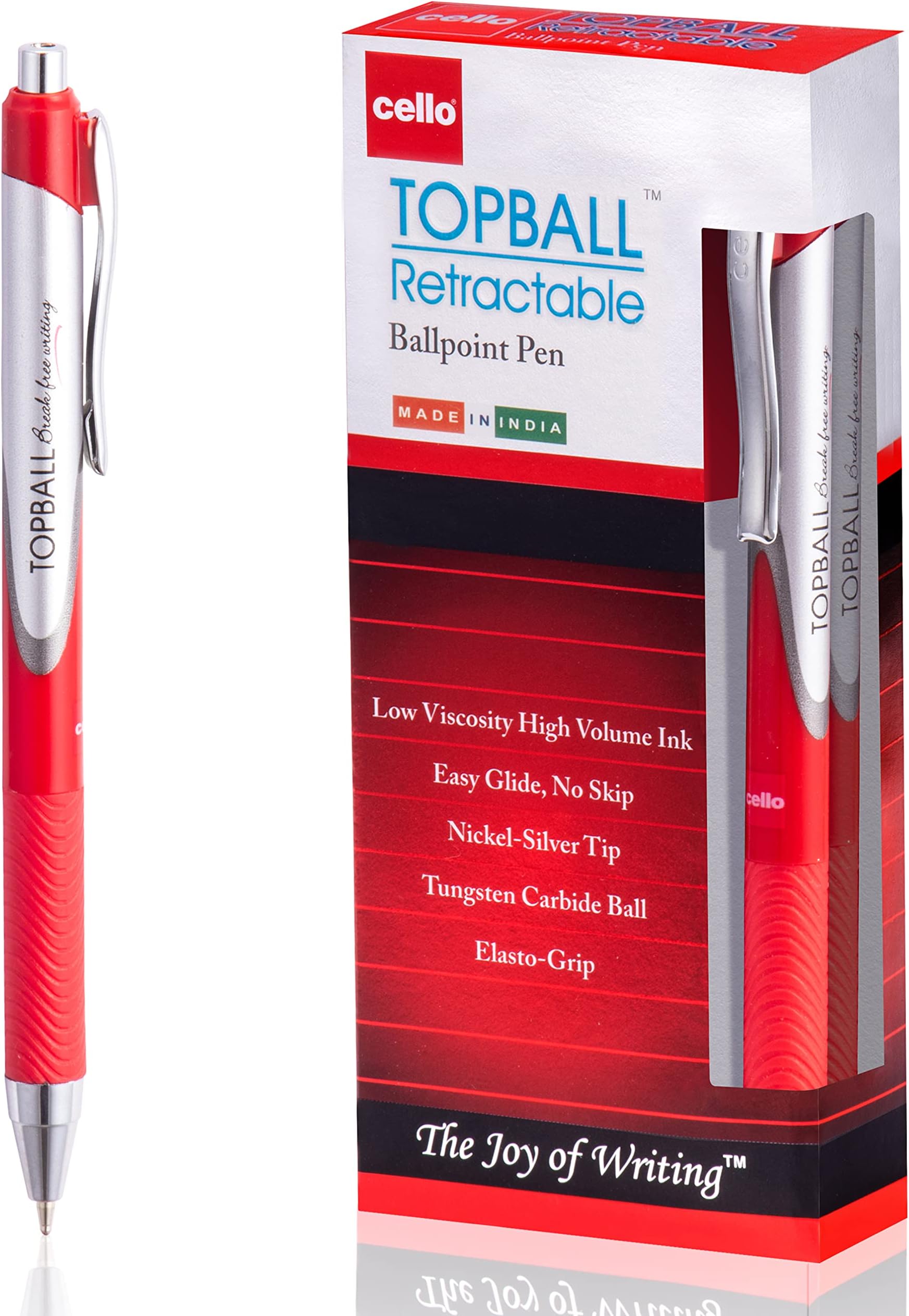 Cello Topball Grip Retractable Ballpoint Pens | Medium Point (1.0 mm) | Red Pens | Pack of 12 Biro