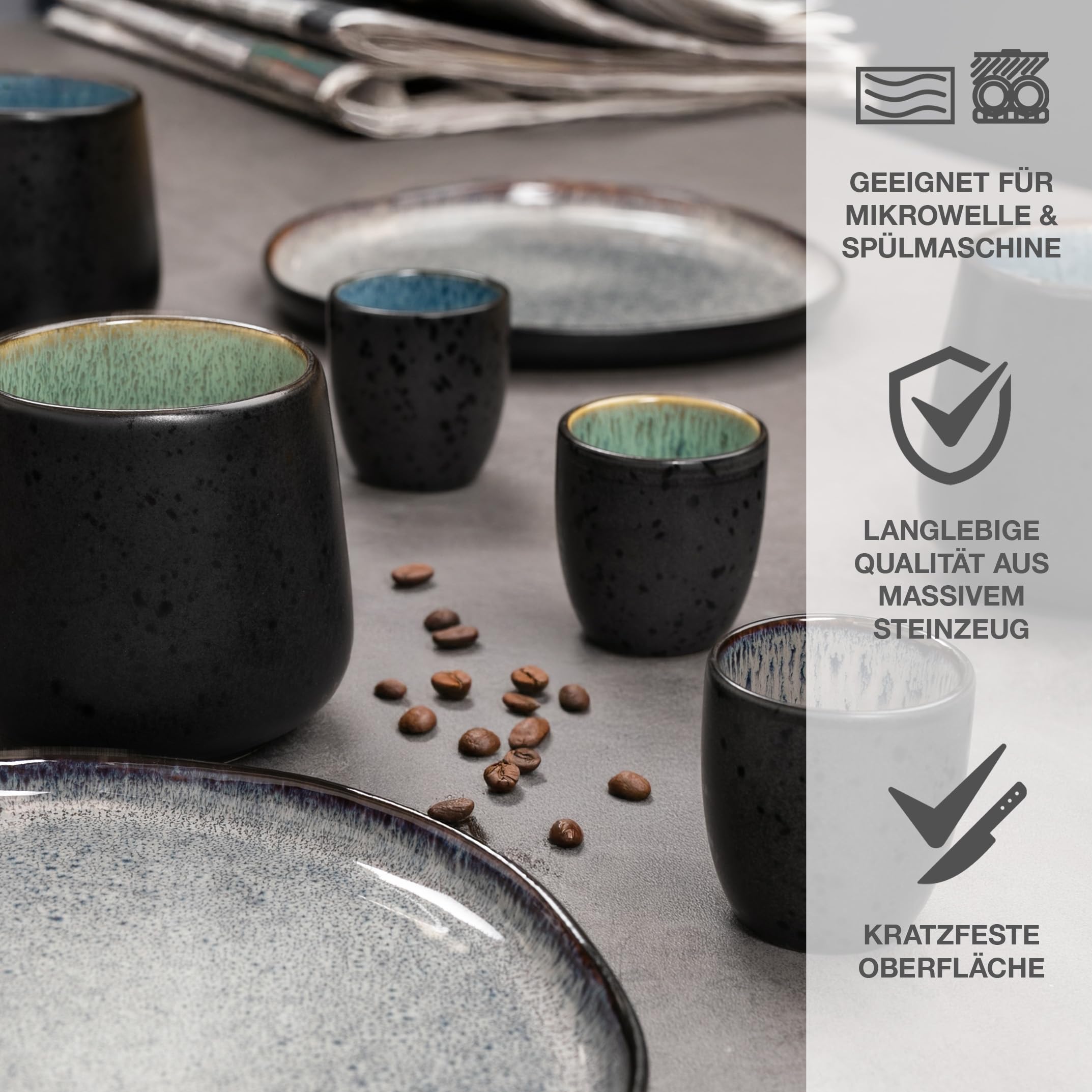 Moritz & Moritz SOLID Espressobecher 4er Pack - Steingut Espresso Tassen 70 ml im Set - Reaktives Design mit farbigen Innenseiten - Robuste kleine Kaffeebecher - Leicht stapelbar & pflegeleicht