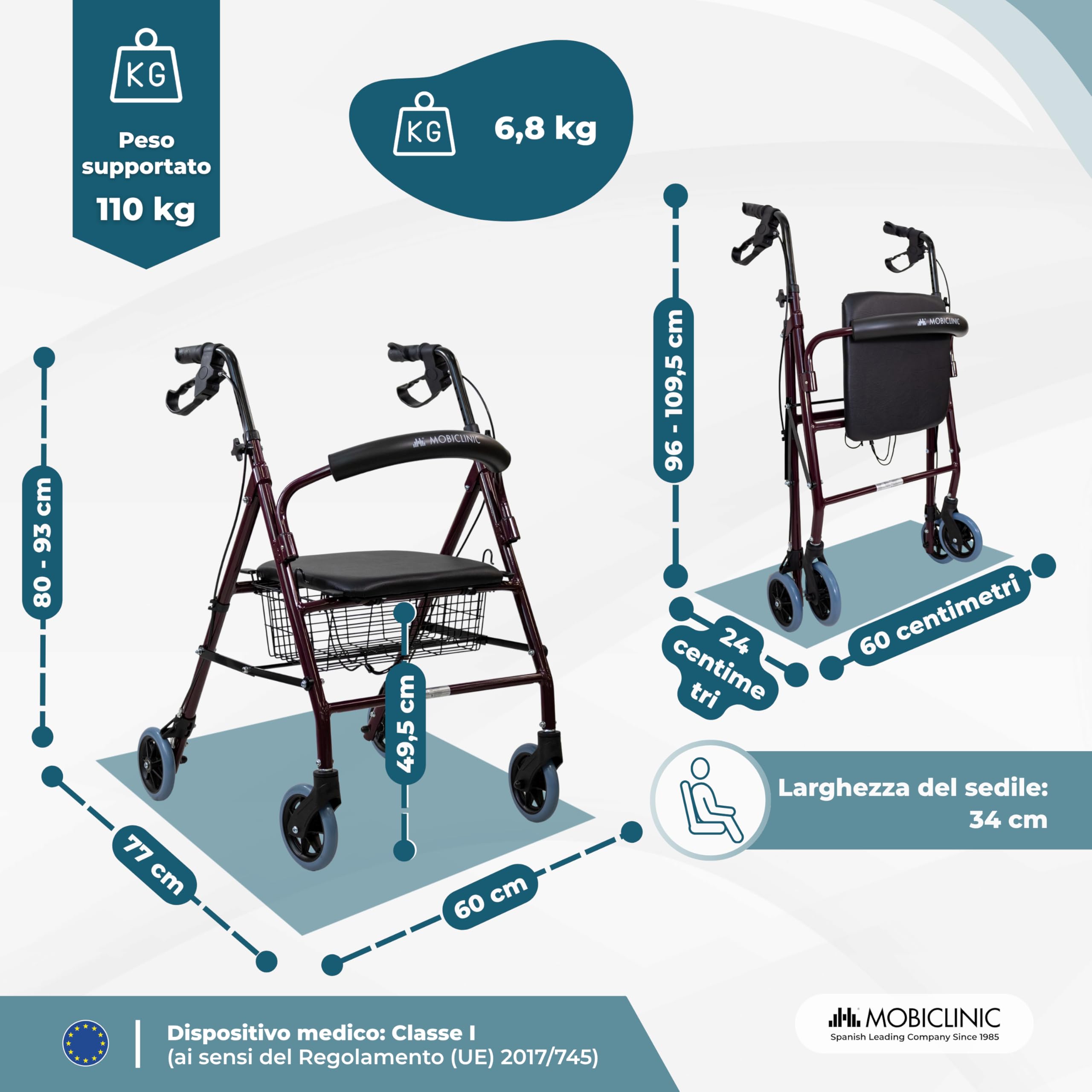 Mobiclinic®, Deambulatore per Anziani, Pieghevole, Regolabile in Altezza, Freni Manuali e Bloccabili, Fino a 110 Kg, con Cestino e Sedile, Leggero, Resistente, Alluminio, Bordeaux, Escorial