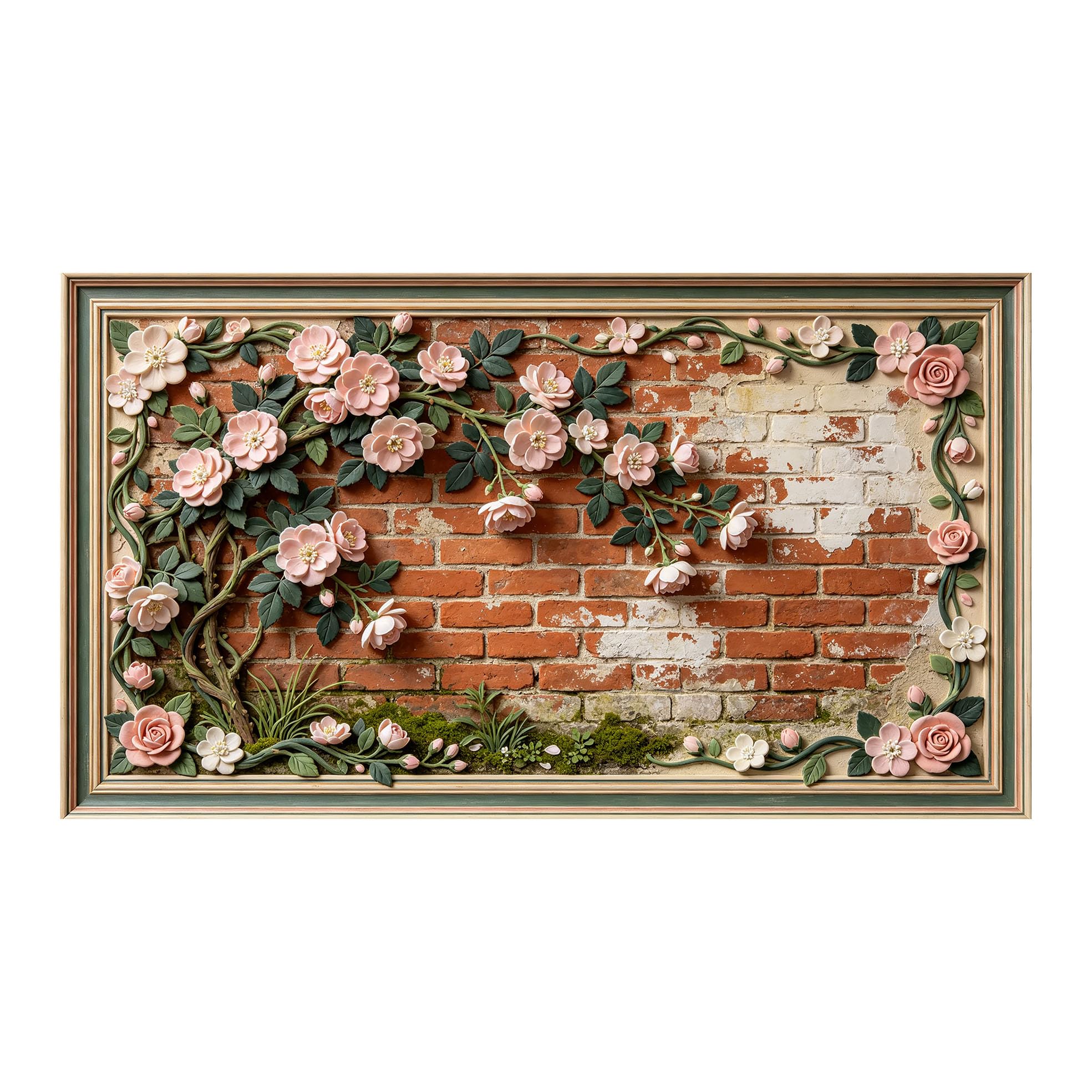 Murasolite 3D Framed Wall Art Rustic Brick Wall Floral Relief Botanical SelfAdhesive Fabric Mural Wall Decor， Peel and Stick No Damage to Wall， AntiFall Safe Design for Bedroom Living Room