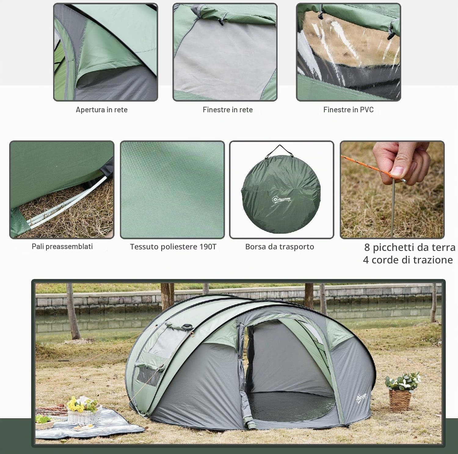 Tenda Campeggio 4 Posti 5 Posti Pop Up Impermeabile 2 Porte e 4 Finestre