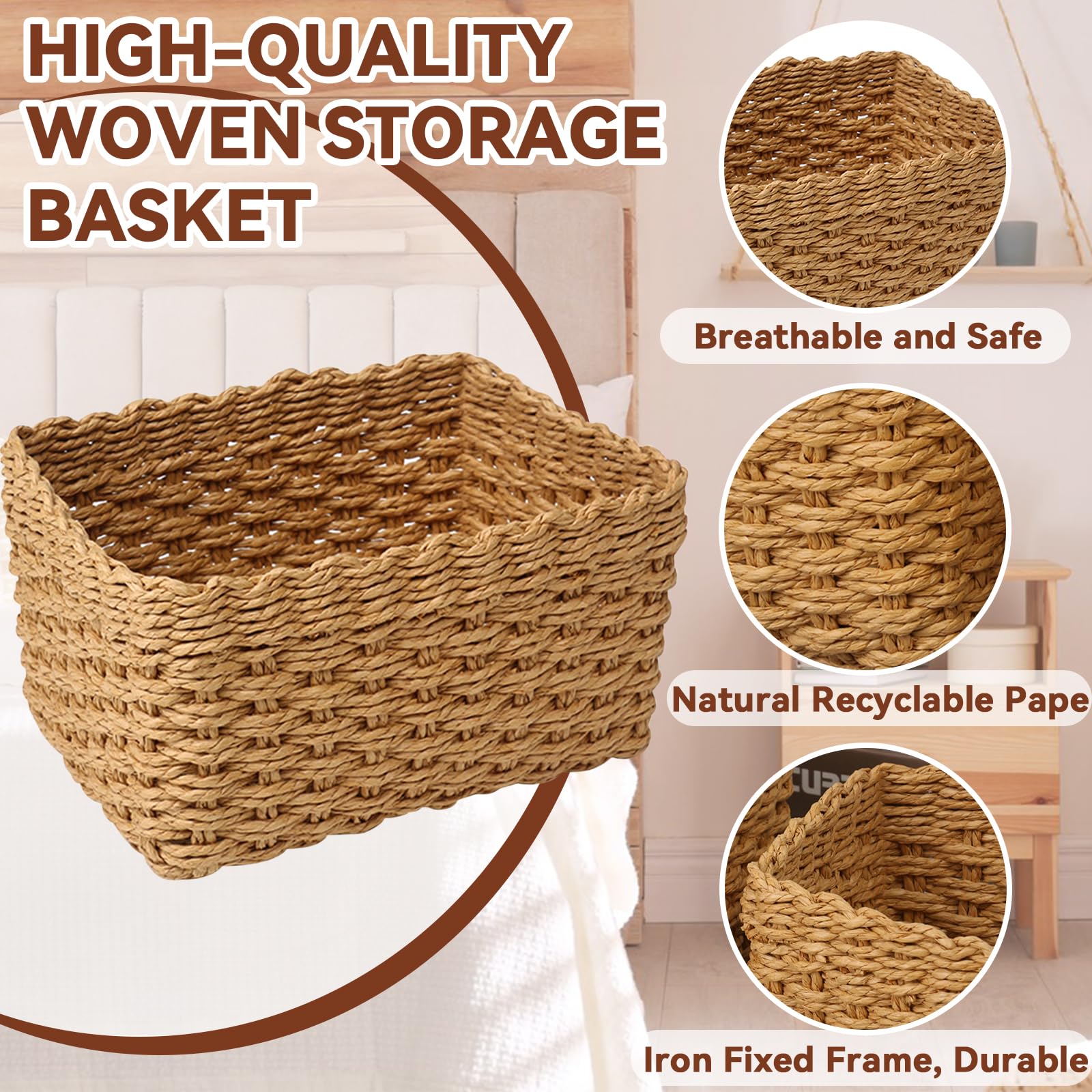 Panier Rangement, Lot de 4 Paniers de Rangement Tressés, Corbeilles Empilables Paniers et Boîtes de Rangements, pour Jouets, CD, Cosmétique, Langes Coton Bébé, Câble de Charge, Décor Maison