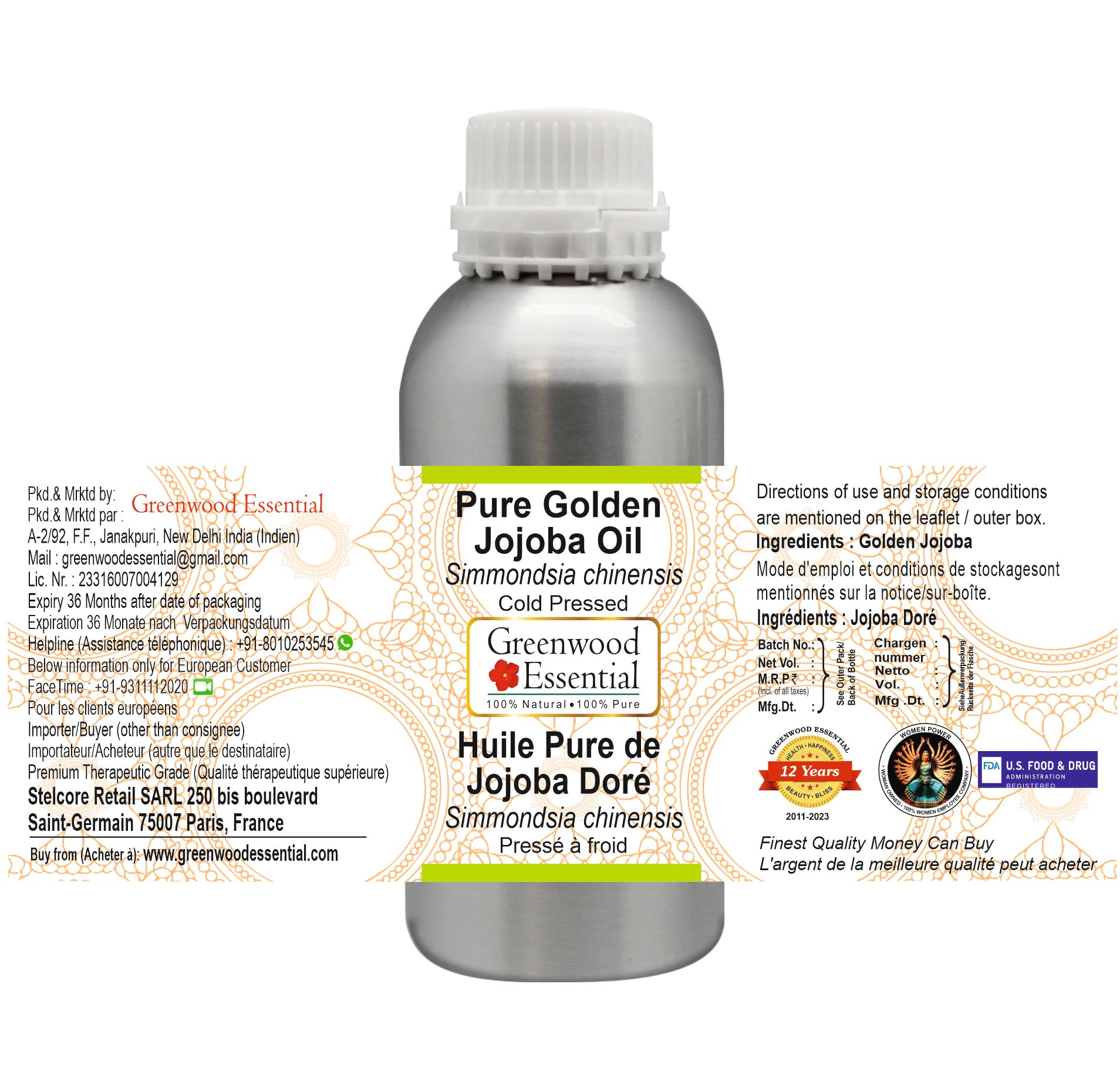 Greenwood Essential Aceite de jojoba dorado natural (Simmondsia chinensis) con gotero de cristal, calidad terapéutica natural, prensado en frío, 100 ml