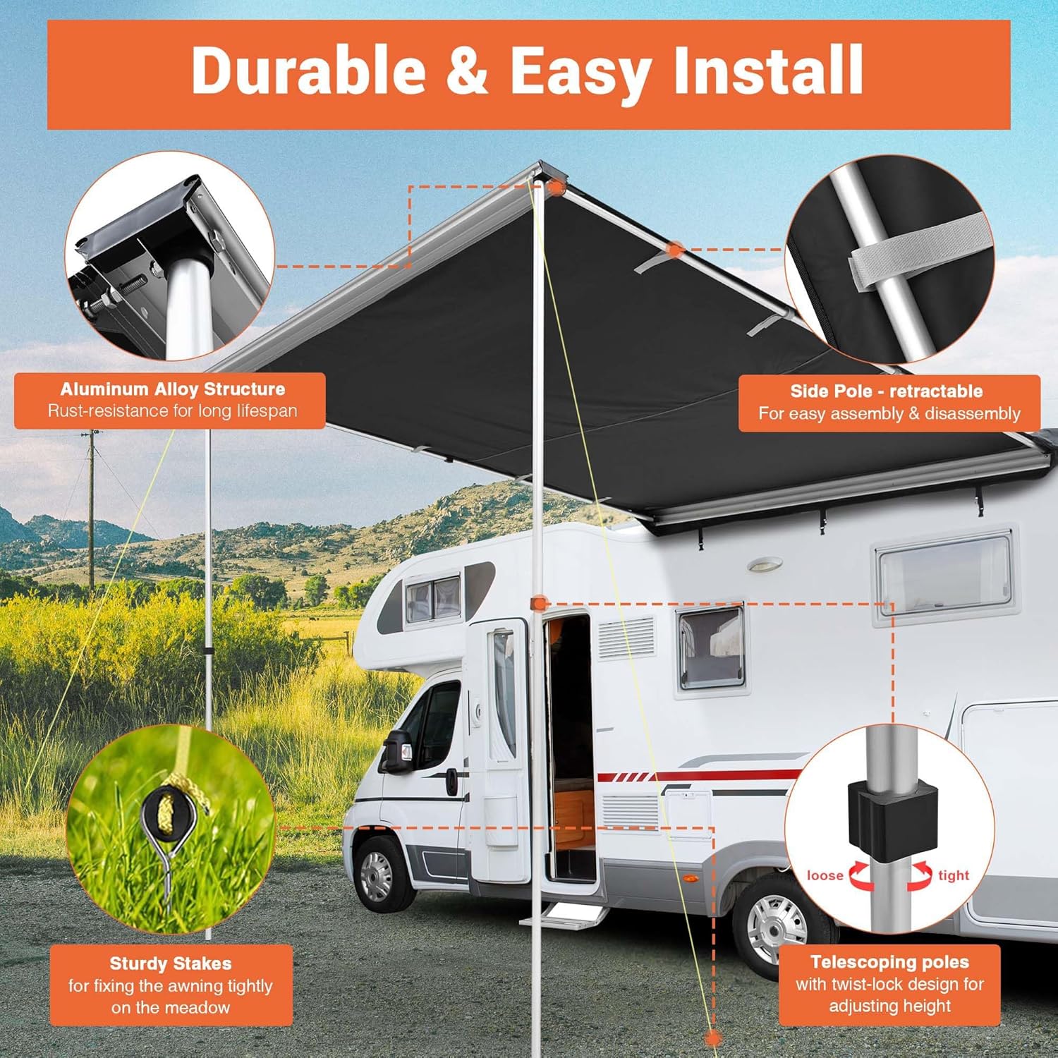 Yescom 6.6x8.4 Ft Vehicle Awning with Blackout Coating Side Wall Roof Rack Pull-Out Sun Shade Camp