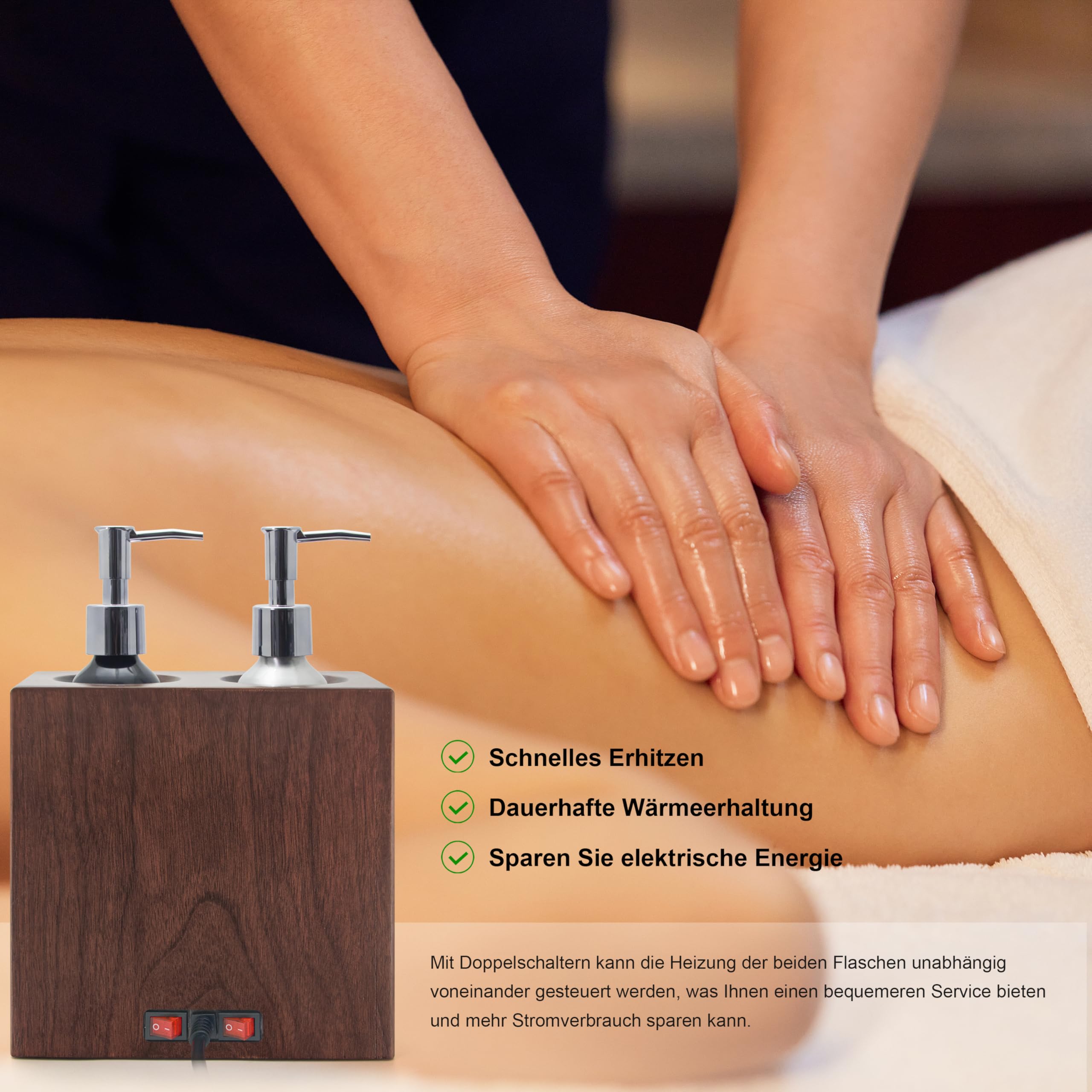 Elitzia Walnussholz Massageölwärmer Doppelflaschen-Heizungssteuerung 4 Pumpflaschen Lotion-Wärmer-Spender Beheizt 122-140°F Salon Spa ETAW04