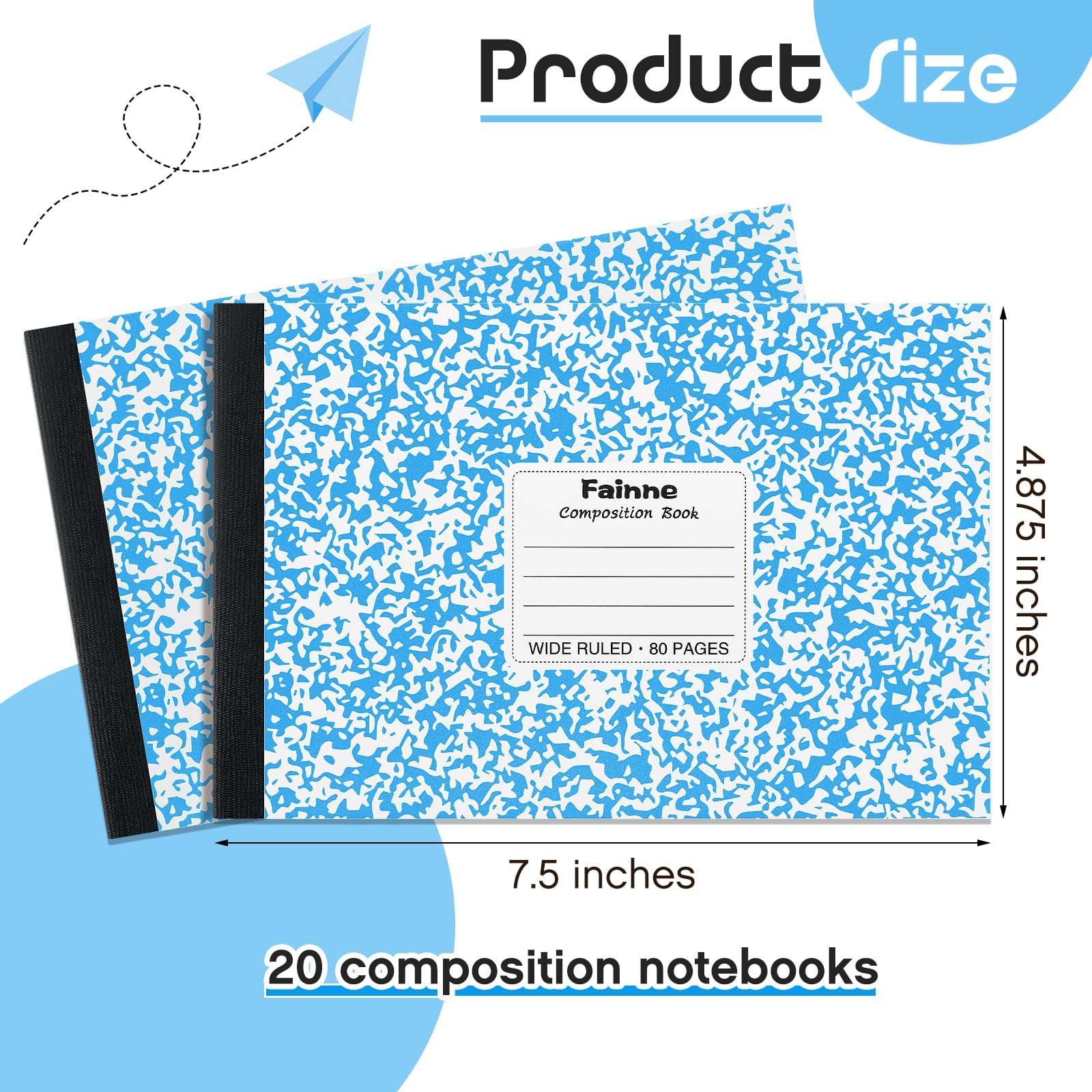 Fainne 20 quaderni per composizione universitaria a righe, 80 pagine, mezza misura, a righe larghe, 11-7/8 x 7-1/2 pollici, spaziatura assortita copertine primarie sfuse (azzurro)
