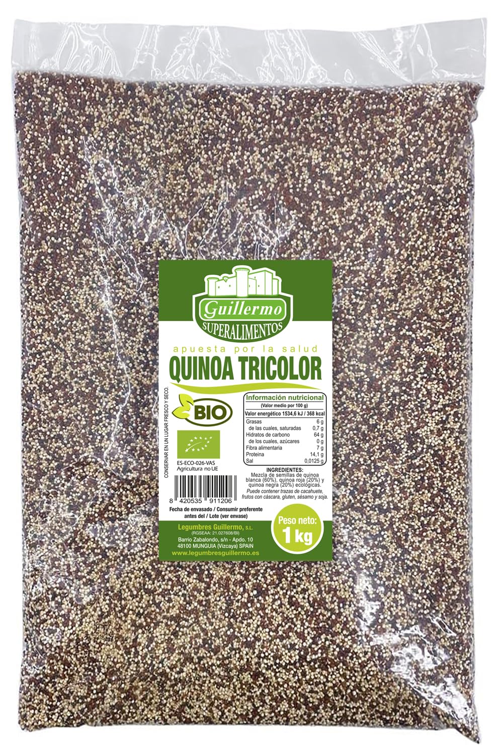Guillermo | Quinoa tricolor BIO - Bolsa 1 kg. | 100% ecológica | Superalimento | Fuente de fibra, proteína y omega-6