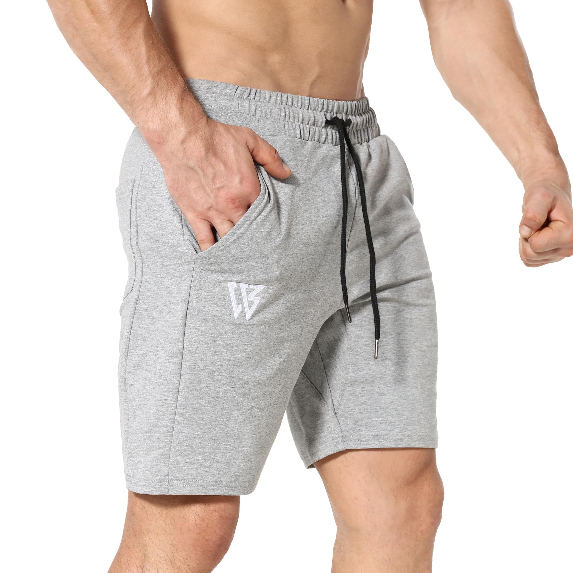 BROKIG Set di 2 pantaloncini sportivi da uomo con tasca con cerniera e pantaloncini da allenamento in cotone, da corsa, traspiranti, da corsa, da uomo