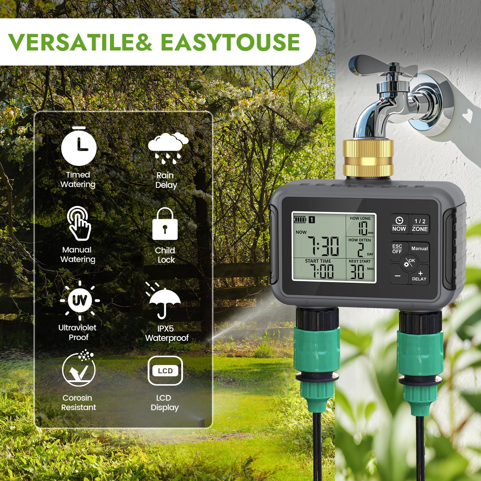 RIOGOO Temporizadores de Grifo para Manguera de jardín Exterior, Temporizador programable para aspersores con retardo por Lluvia (2 Outlet Water Timer)