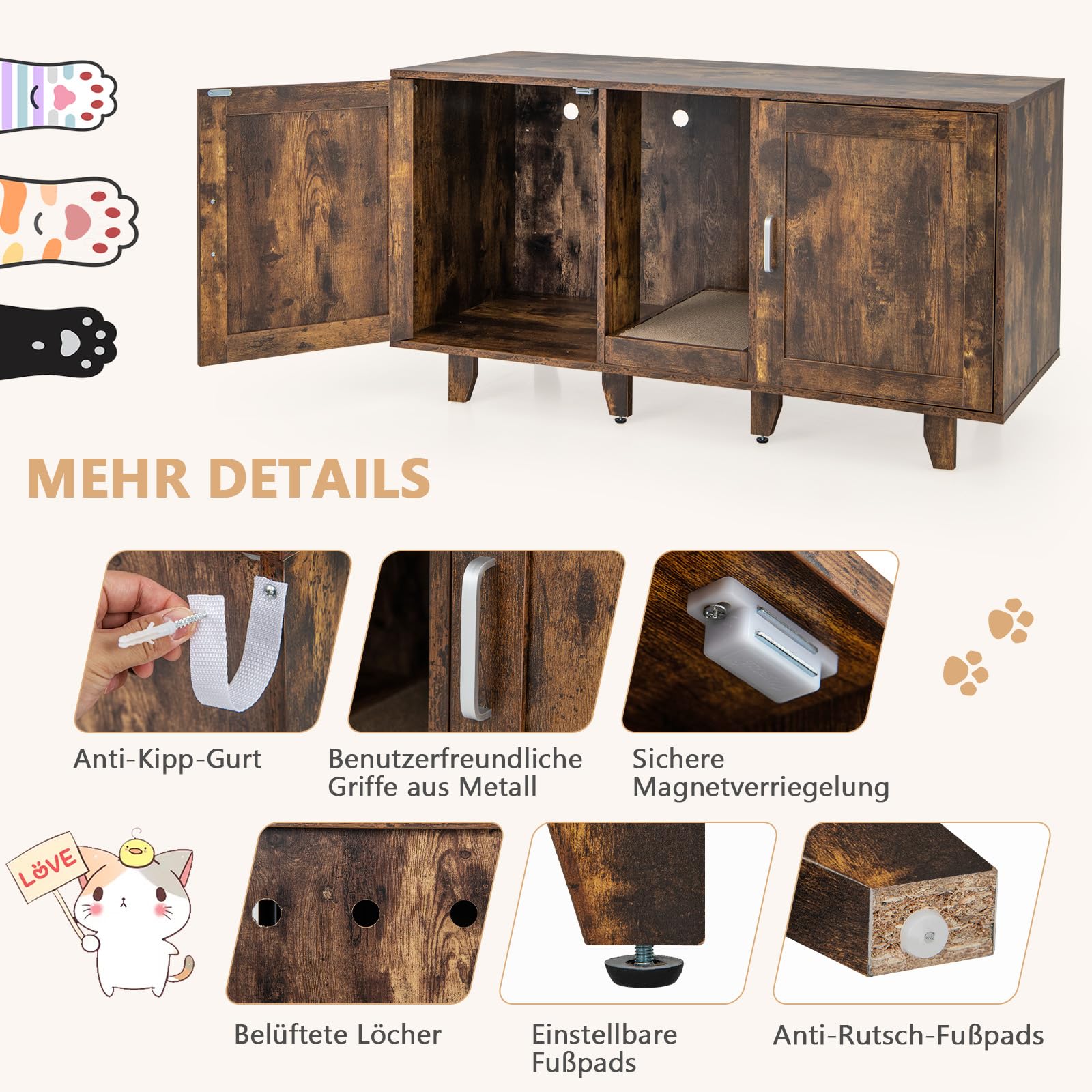 GOPLUS 3 in 1 Katzenschrank, Katzentoilette mit 2 Türen & abnehmbaren Beinen & herausnehmbarem Kratzbrett, Katzenhöhle Beistelltisch TV-Ständer für 2 Katzen, 120x52x65cm (Vintage)