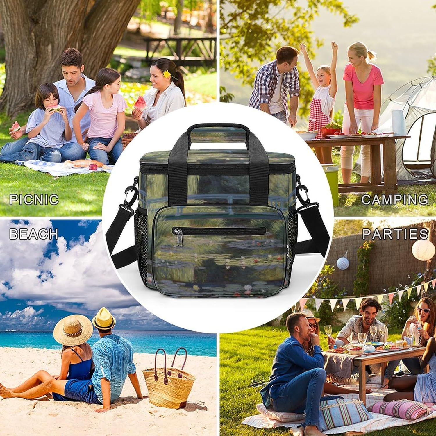 Camping Ice Pack, Water Lily Pond Print Cooler Bag, 22.5L Large Capacity Insulated Lunch Tote Bag for Outdoor, Picnic, BBQ, Travel, Work