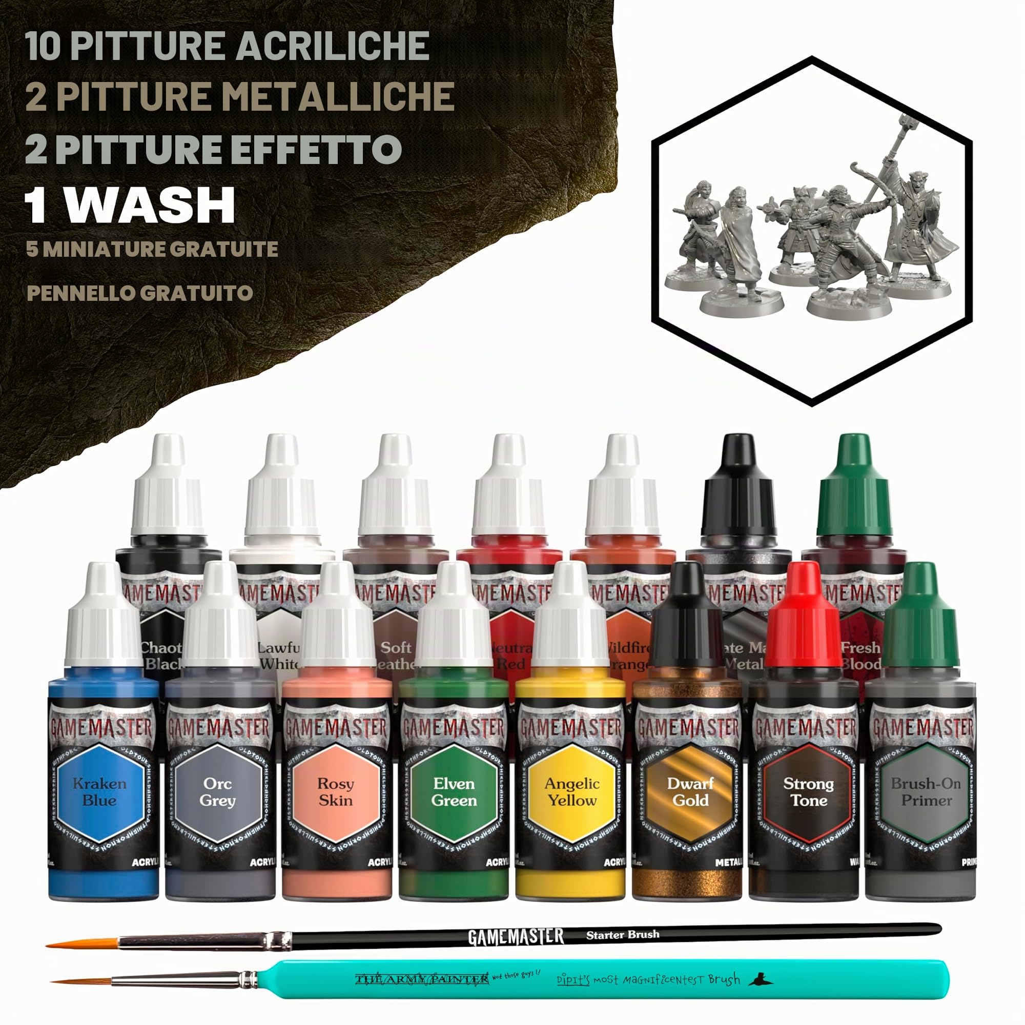The Army Painter, GameMaster Adventure Starter Set Combo, 15 x 18 ml | Acrilici Warpaints Fanatic, incl. 1 primer a pennello, 5 miniature e 2 pennelli