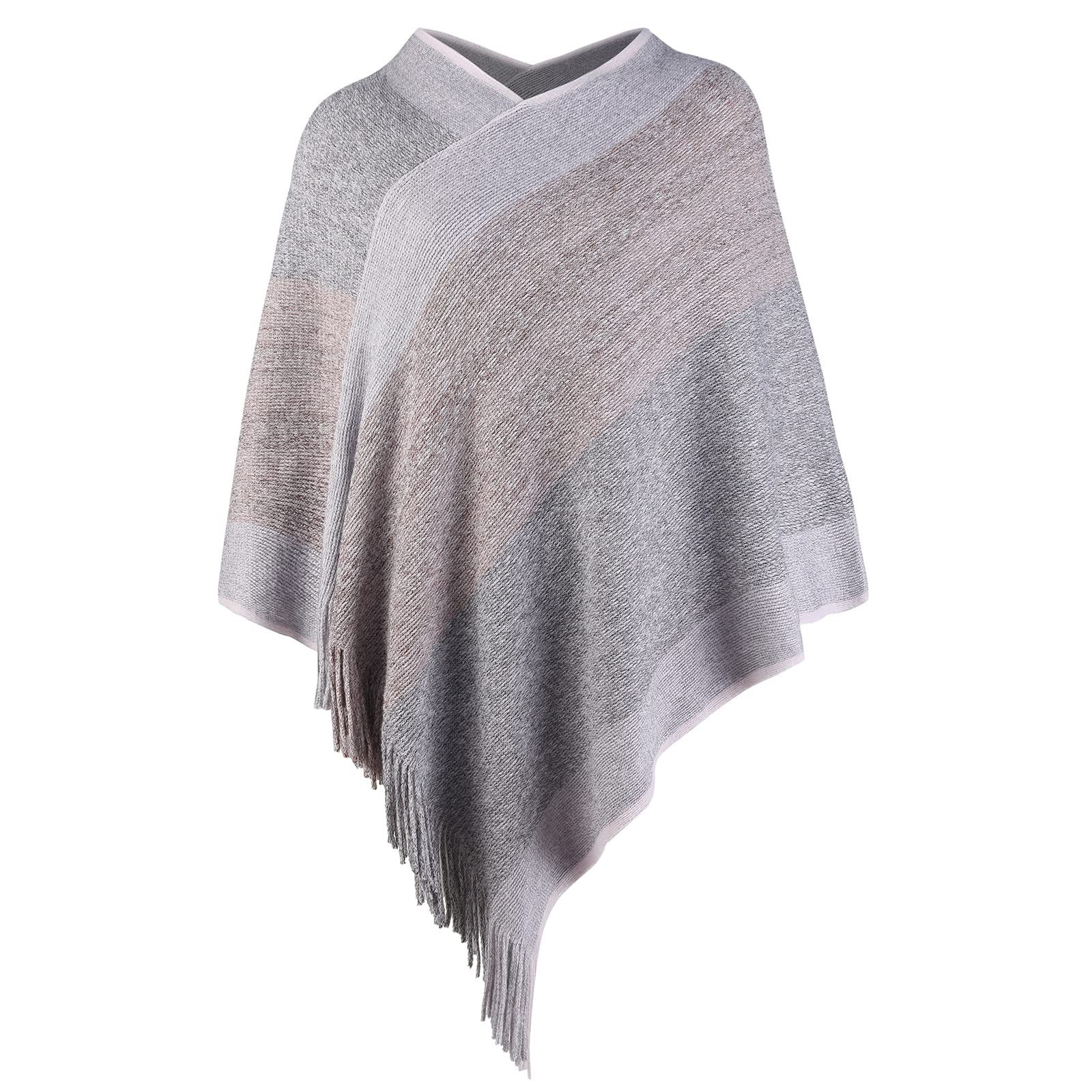 Women's Elegant Knitted Shawl Poncho with Fringed V-Neck Striped Sweater Pullover Cape Gifts for Women Mom