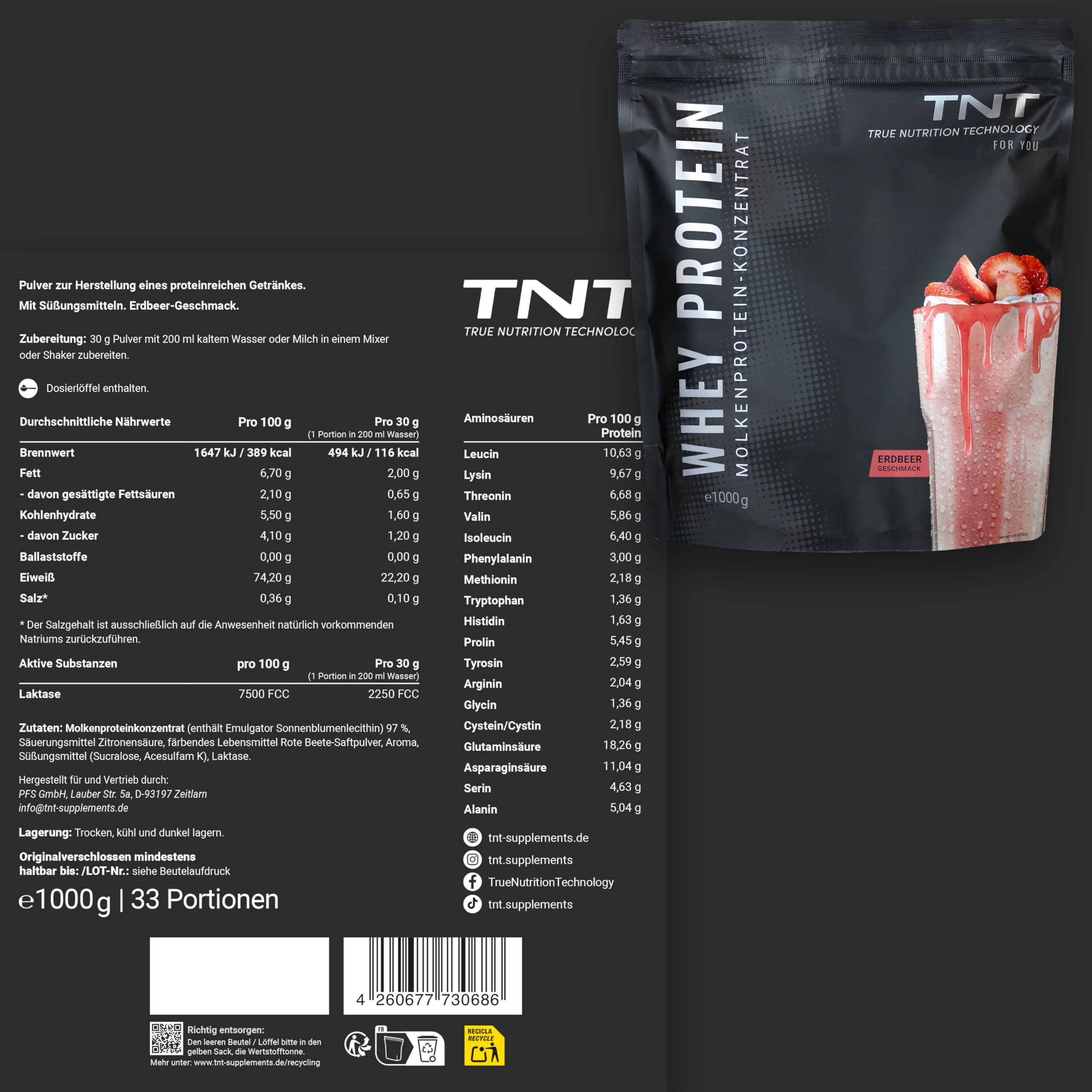 TNT Naked Whey Protein w proszku (1 kg) • Proszek białkowy z laktazą do shake, pieczenia i gotowania • Doskonała rozpuszczalność i pyszny smak (truskawka)