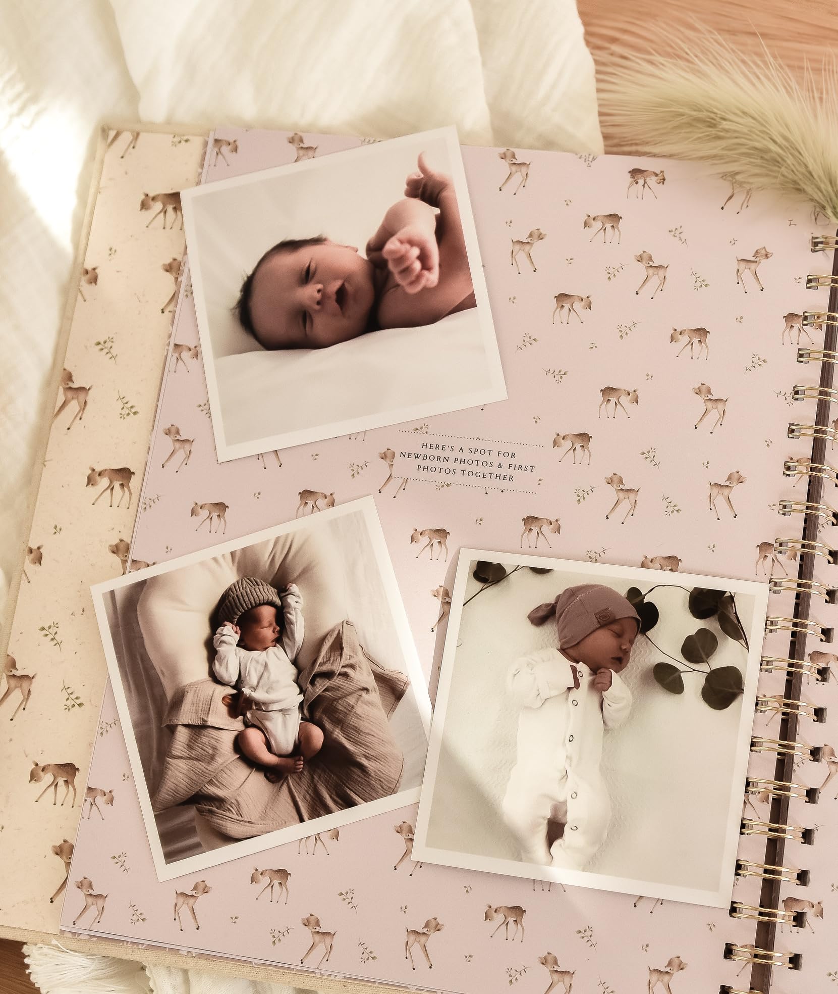 Peachly Unisex Baby Erinnerungsbuch | Minimalistisches erstes Jahr Andenken für Meilensteine | Einfaches Woodland Scrapbook Babybücher für Jungen oder Mädchen | 60 Seiten Naturleinen - Wald