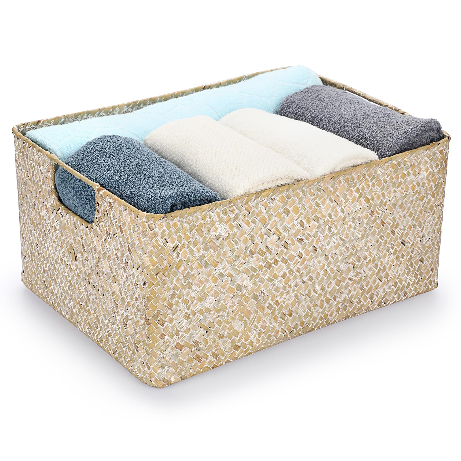 IGNPION Seagrass Storage Basket Woven Seagrass Desktop Rectangular Bathroom Storage Organiser Box, Shelves & Desks Decorative Multipurpose storage Hamper Whitewash, Large) — image 1