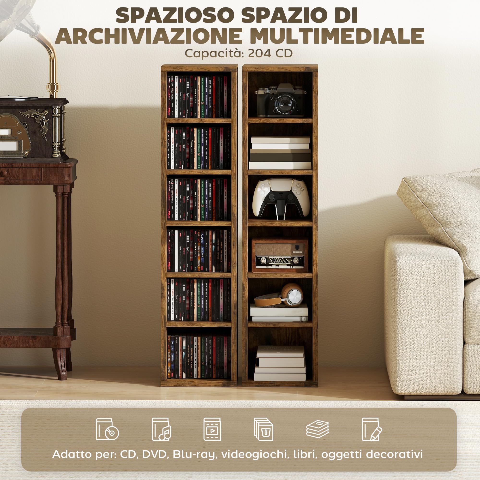 HOMCOM Scaffale Porta CD 2 Pezzi a 6 Ripiani, Scaffale Libreria in Legno per 204 CD ad Altezza Regolabile, 21x22.5x88.5 cm, Marrone Rustico