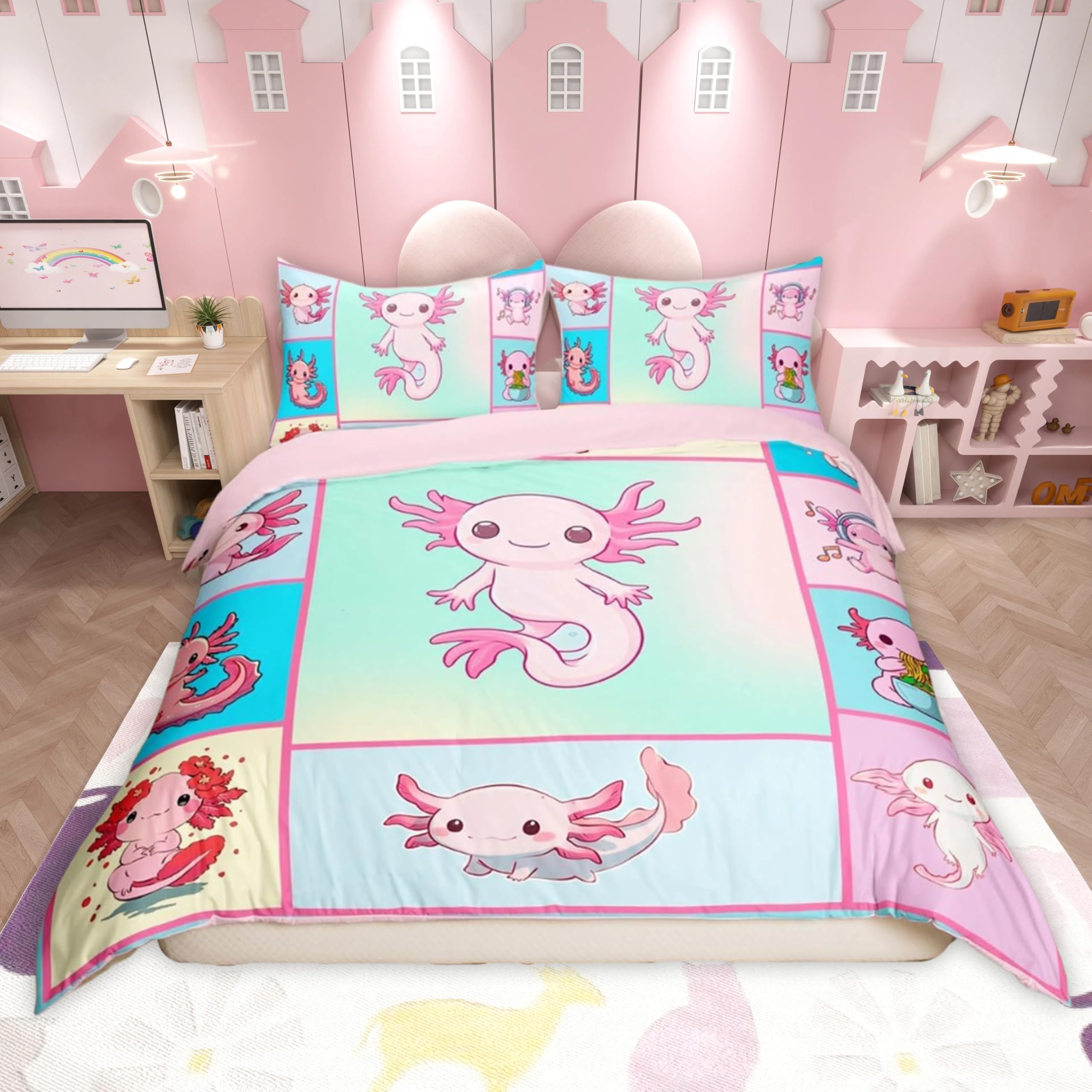 Loussiesd Cute Axolotls Duvet Cover Set Super King Size For Kids Boys Girls Teens Pink Axolotls Animals Bedding Set Cartoon Salamander Comforter Cover with 2 Pillowcases Kawaii Ocean Sealife Beds Set — image 1