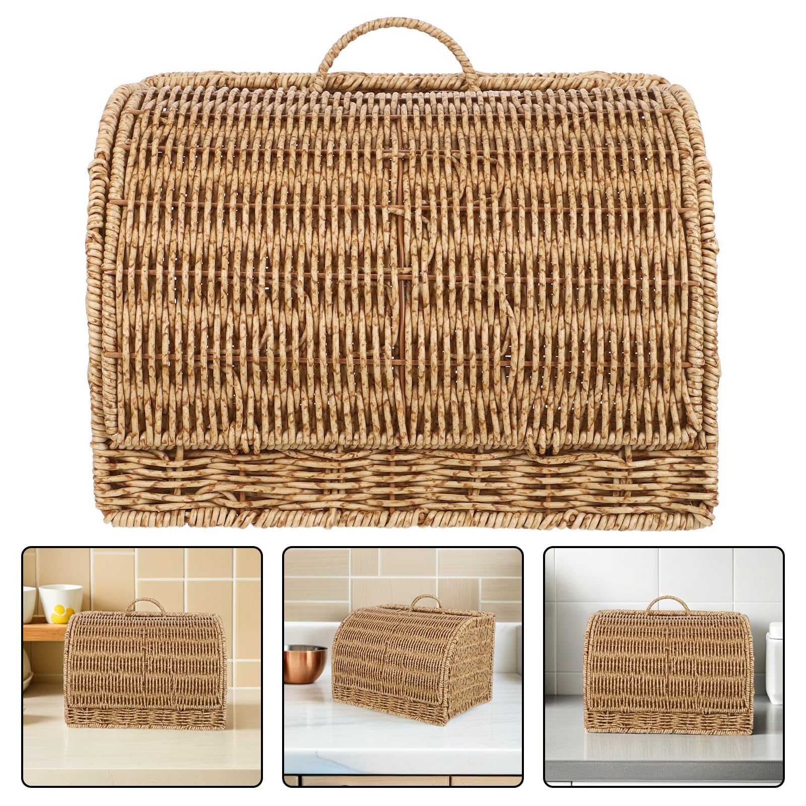 KALLORY Cestino Cucina in Finta Rattan con Coperchio 33, 5x23x19 Cm | Plastica Resistente, per Dispensa e Piano Lavoro, Adatto a Dolci e Snack, Uso Multiuso Ordinato