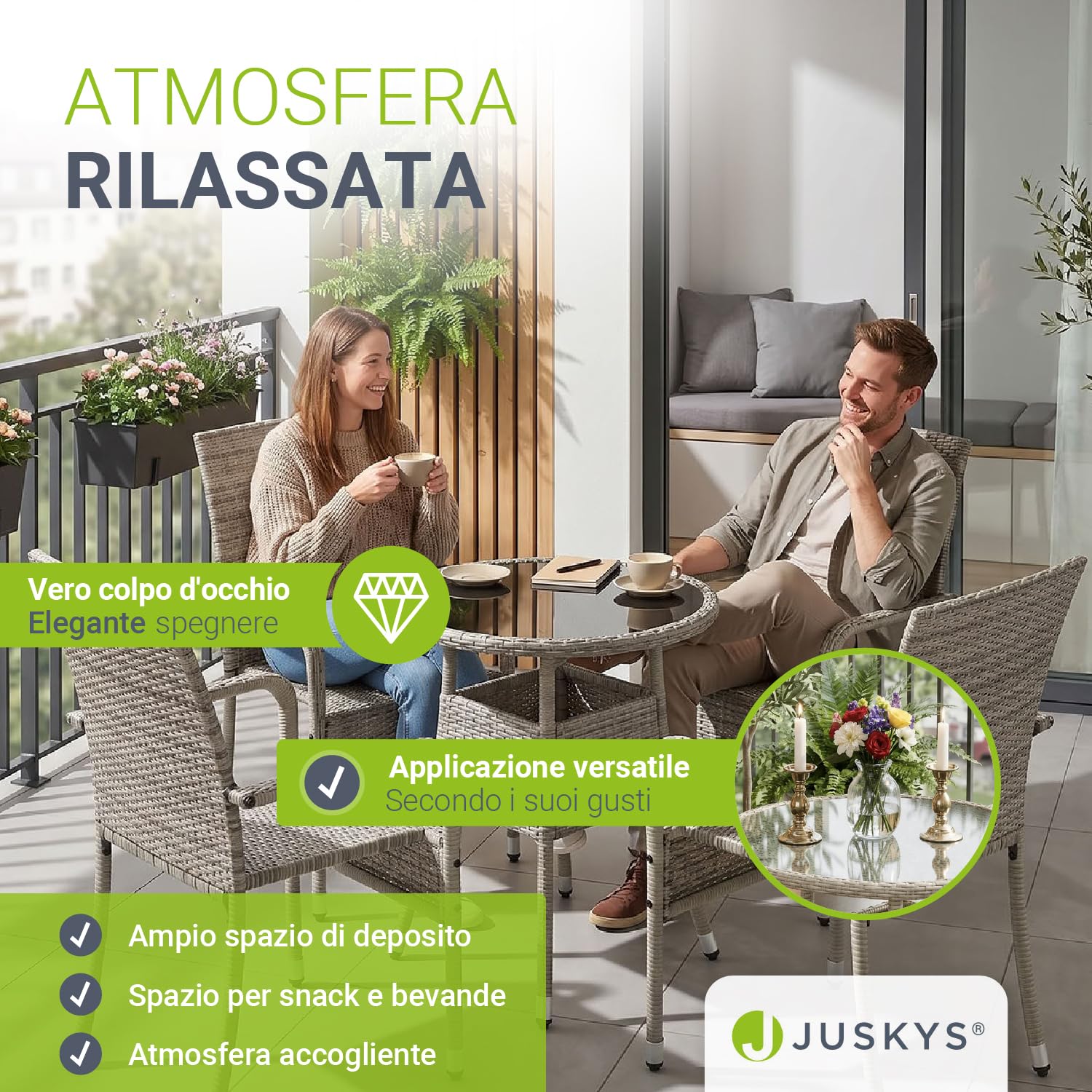 Juskys tavolino da giardino Yoro - Piccolo, rotondo, compatto, resistente alle intemperie - Piano in vetro e polyrattan - Ø 60 cm - Grigio