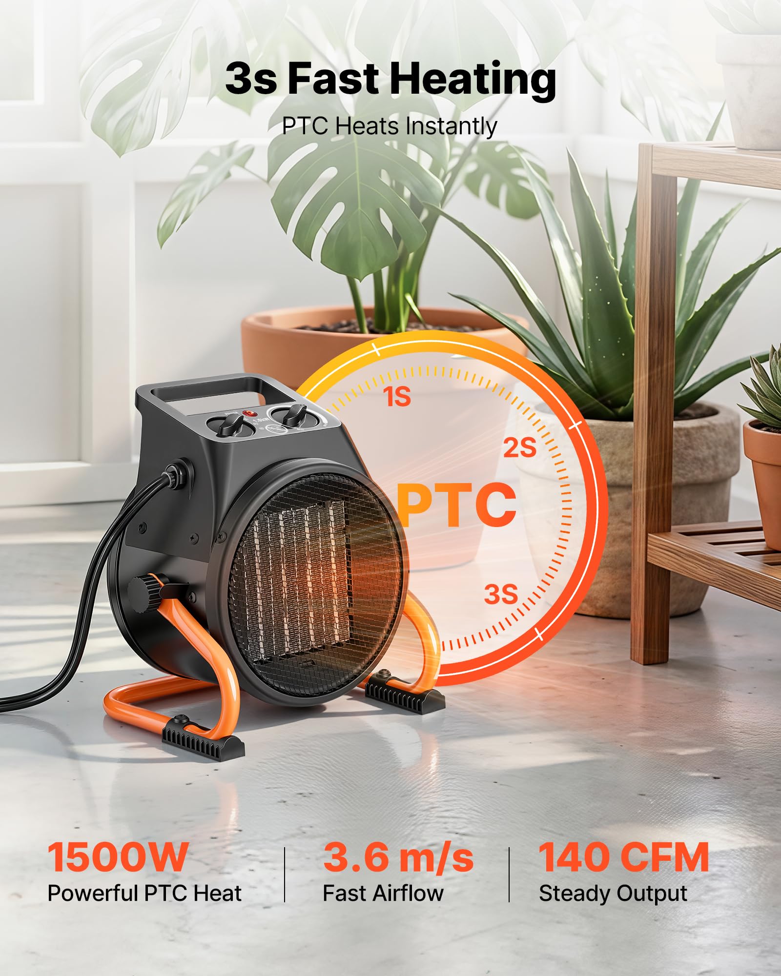 VEVOR Gewächshausheizung 2000W, Elektrischer PTC-Heizlüfter mit Ventilatorfunktion & 2 Heizstufen, Tragbarer Heizer mit Überhitzungsschutz & 15° Einstellbarer Heizwinkel, Elektroheizer für Gartenhaus