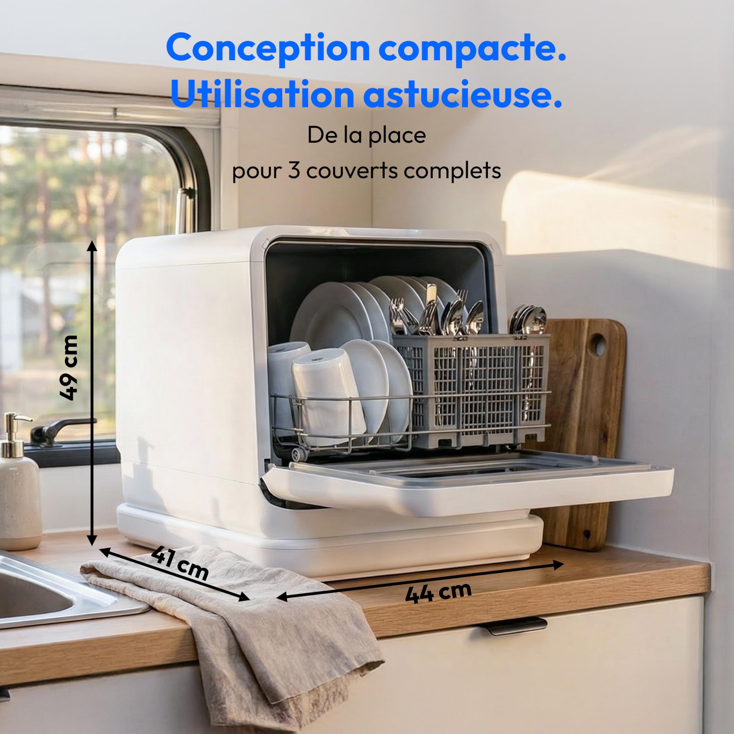 MEDION Mini Lave Vaisselle DWT30, 3 Couverts, Lave Vaisselle de Table, fonctionne avec ou sans raccordement d’eau, 6 Programmes, Lumière UV, Séchage par Ventilation, Écran Tactile, pose libre,