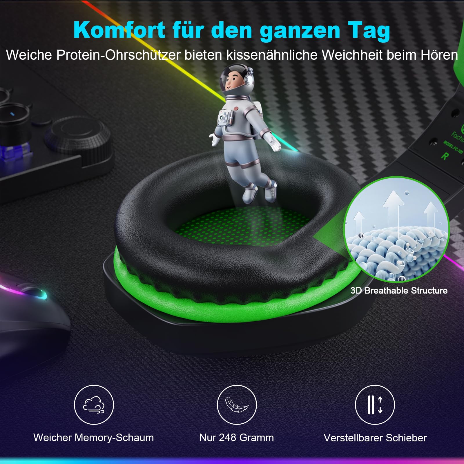 Fachixy「2025 Neu」FC100 Wireless Gaming Headset - 2.4GHz & Bluetooth Kopfhörer mit Mikrofon - 3D Stereo Sound & 40H+ Akkulaufzeit - Für PS4, PS5, PC, Mac, Tablets, Switch, Smartphones, schwarz-grün