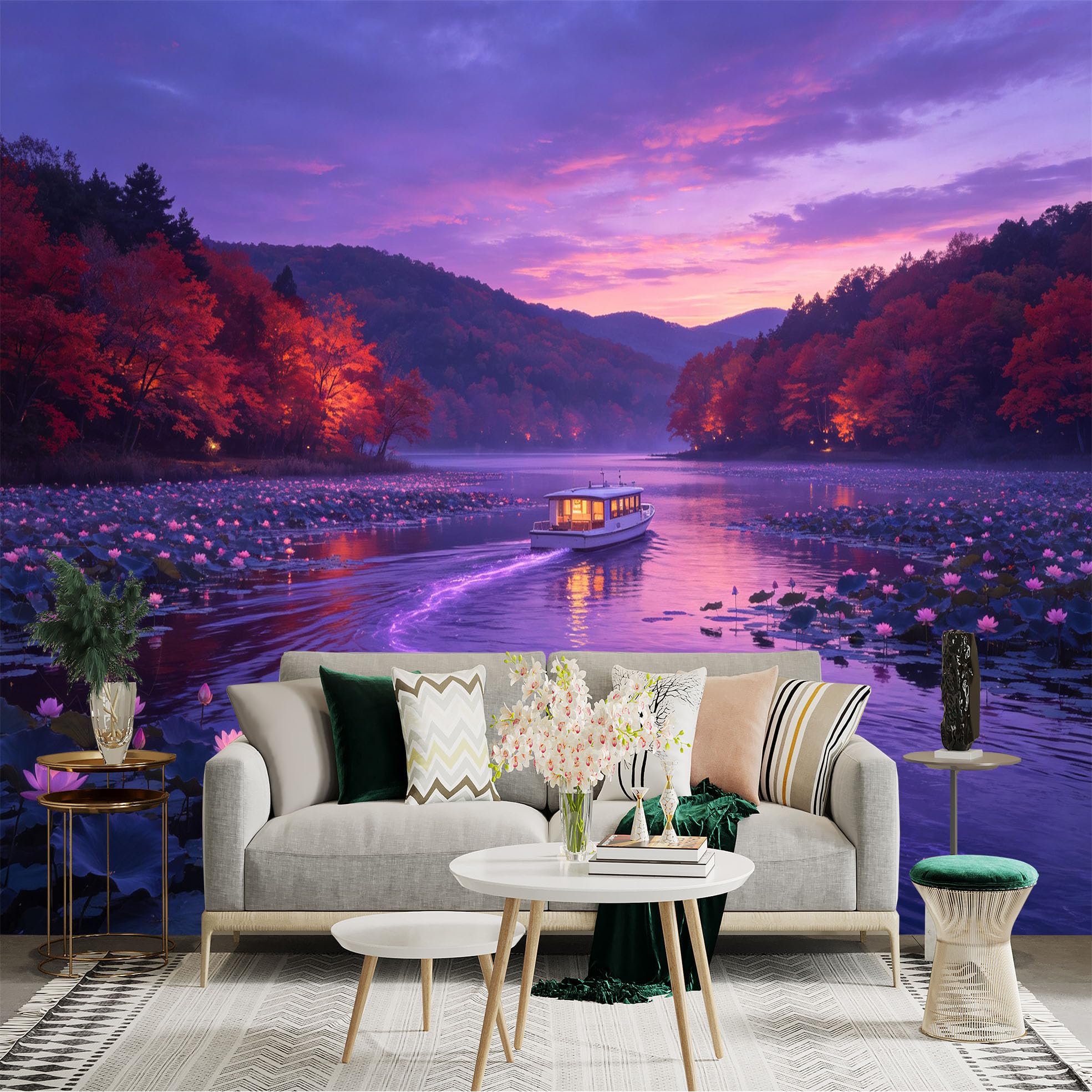 Custom Size Wall Sticker Mural， Sunset Lake with Lotus Flowers， Autumn Forest Scenery， Boat Sailing on Calm Water， for wall Decoration， peelandstick wall Decals.