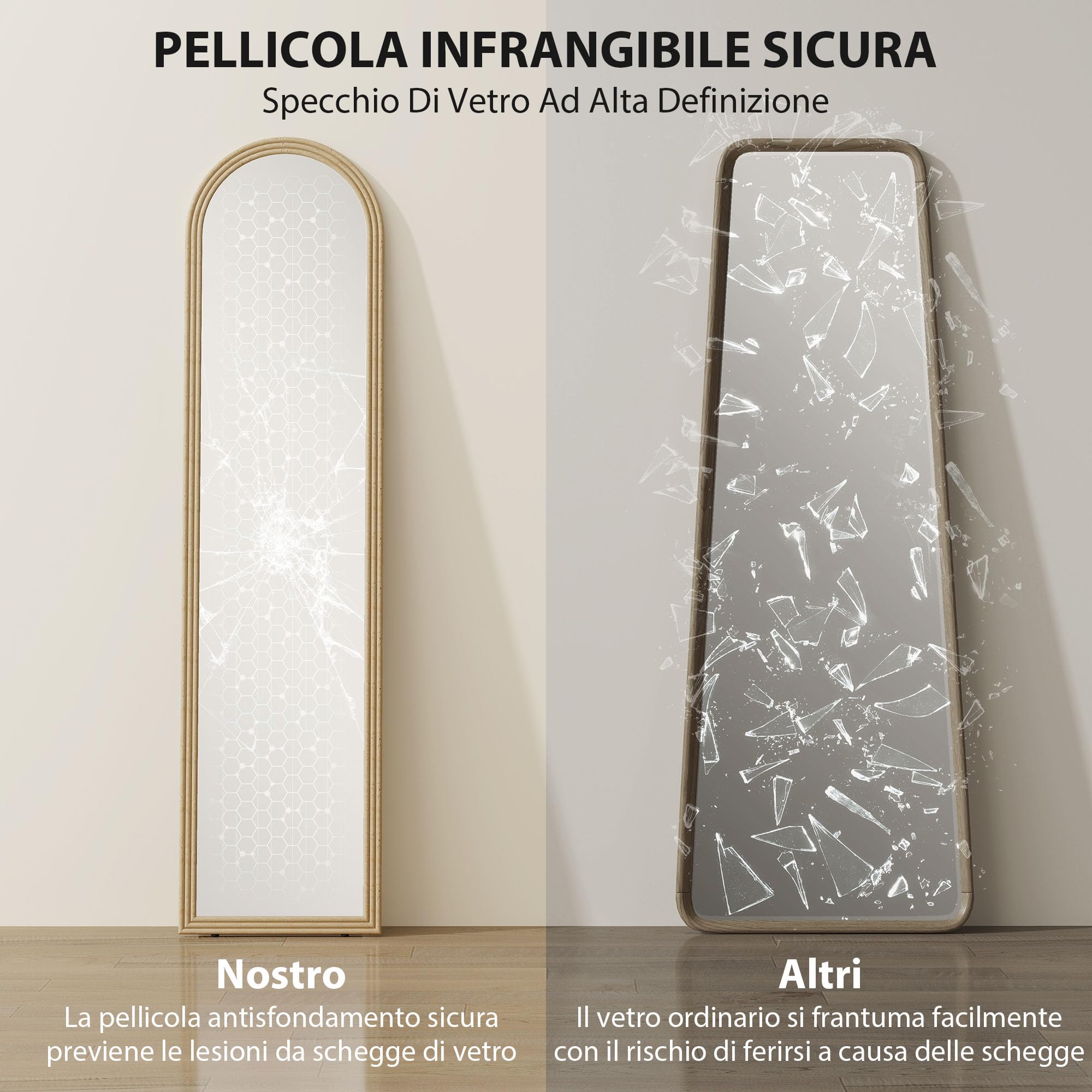HOMCOM Specchio da Terra Moderno a Figura Intera, 40x160 cm Specchio da Parete e Autoportante ad Arco con Cavalletto Effetto Pietra, per Camera da Letto, Soggiorno e Ingresso, Beige