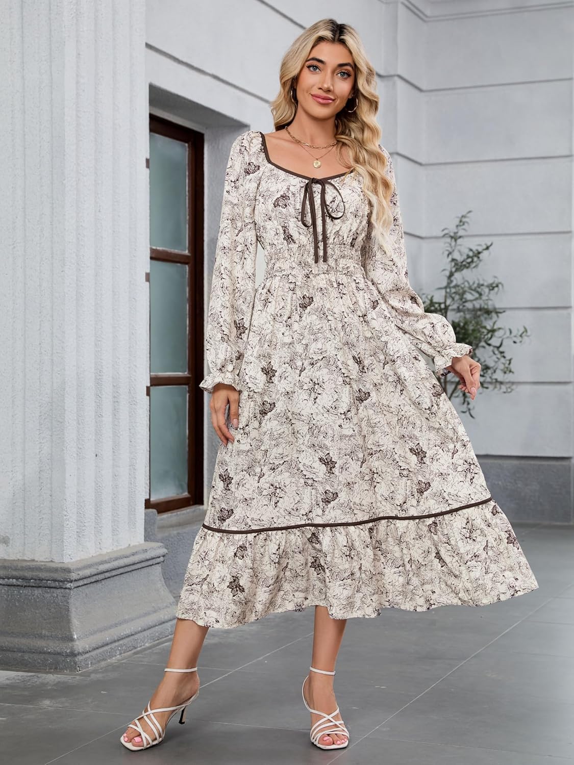 ZAFUL Women's 2025 Long Sleeve Square Neck Fall Boho Floral Midi Dress High Waist Flowy A Line Tiered Wedding Guest Dresses - Image 7