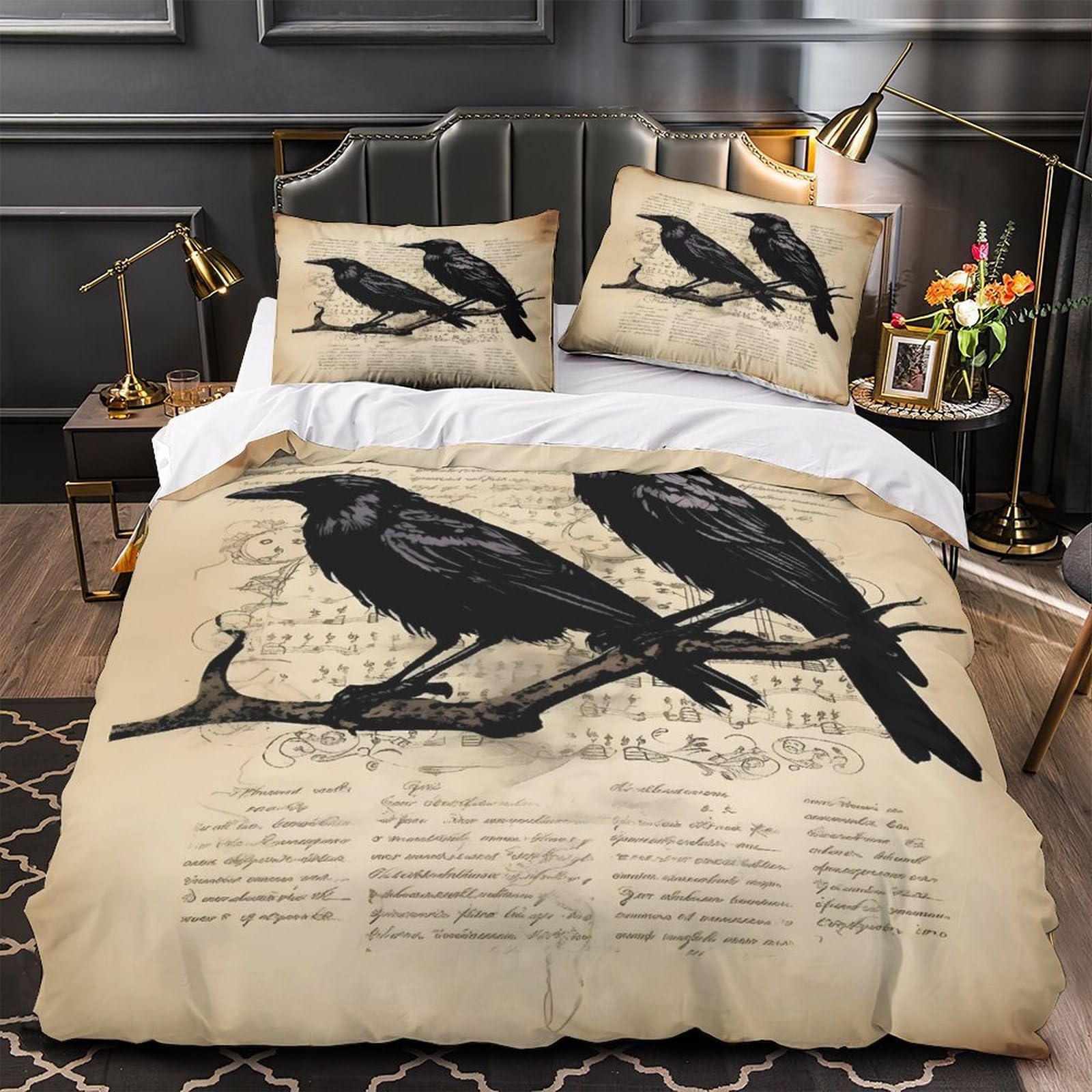 Housse de couette corbeaux anti-tache pour lit 260x220cm entretien facile sans pli
