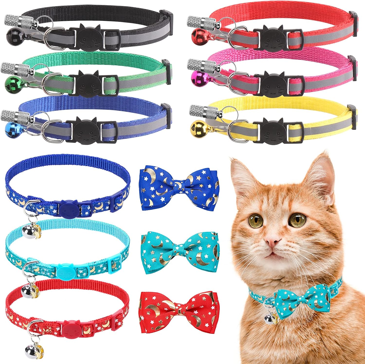 9 Pack Cat Breakaway Collar witn Bell, Adjustable Bowtie Cat Collars with Anti-Lost Cat ID Tag Barrel Tube, Reflective Safety Collar for…