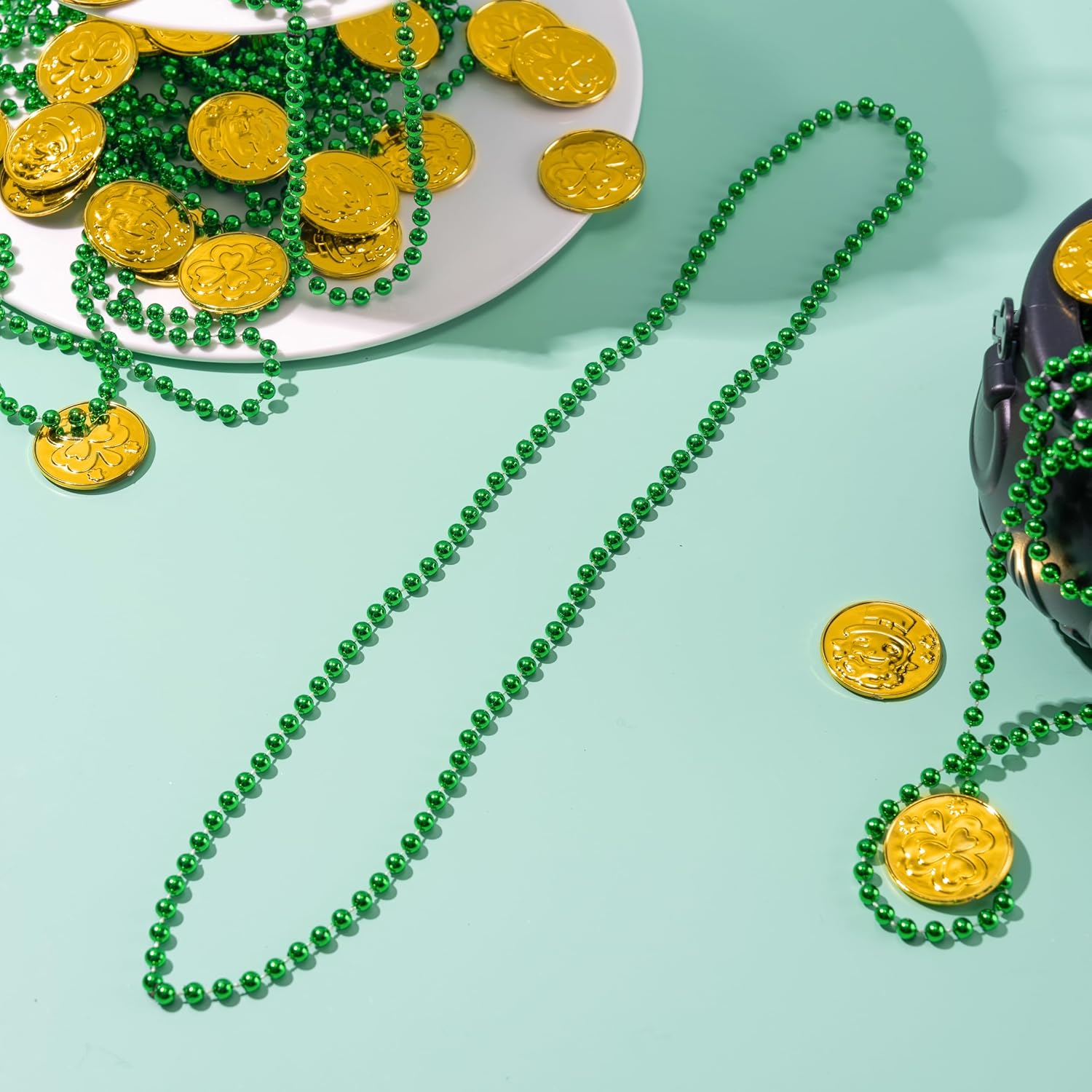 JOYIN 119 Pcs St. Patrick’s Party Supplies Set, 18 Green Bead Necklaces, 100 Plastic Coins & 1 Cauldron, St Patrick’s Day Party Favor Supply (Black Cauldron, Green Bead Necklace & Gold Coins)