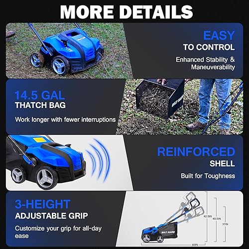 Vista 4 de BILT HARD Escarificador eléctrico de 16 pulgadas, motor de cobre de 15 amperios, ajuste de profundidad de 5 posiciones, bolsa de paja de 14.5