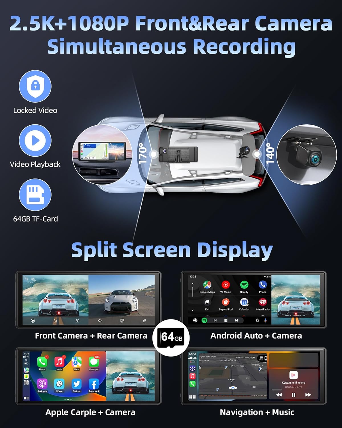 2.5K front and 1080P rear simultaneous recording with split screen display