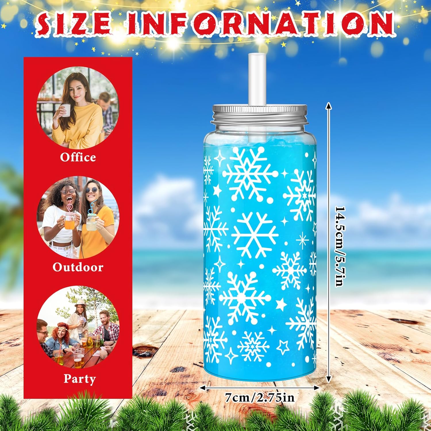 24 Pack Winter Reusable Cups Bulk 13.5 oz Plastic Cups with Lids and Straws Winter Drinking Holiday Set Reusable Party Coffee Jar Water Bottles for Party Drinks