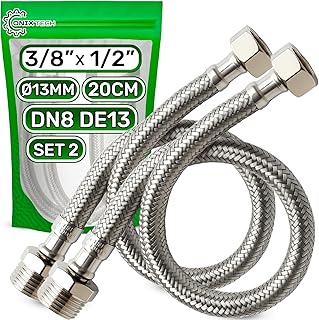 2 Piezas Latiguillos de Fontanería 20 cm Hembra 3/8” x Macho 1/2” DN8 DE13 - Latiguillo Fabricada en Acero Inoxidable Temperatura máx 70°C Presión de Trabajo 10 bar - Garantía de 5 Años - ONIX TECH