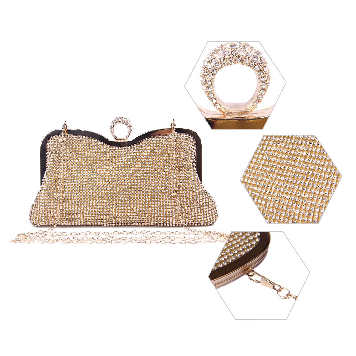 Pochette da donna con Diamante Borsa da sera con catena per borsa da sposa Borsa da sposa da Cerimonia 722 (Oro 2)