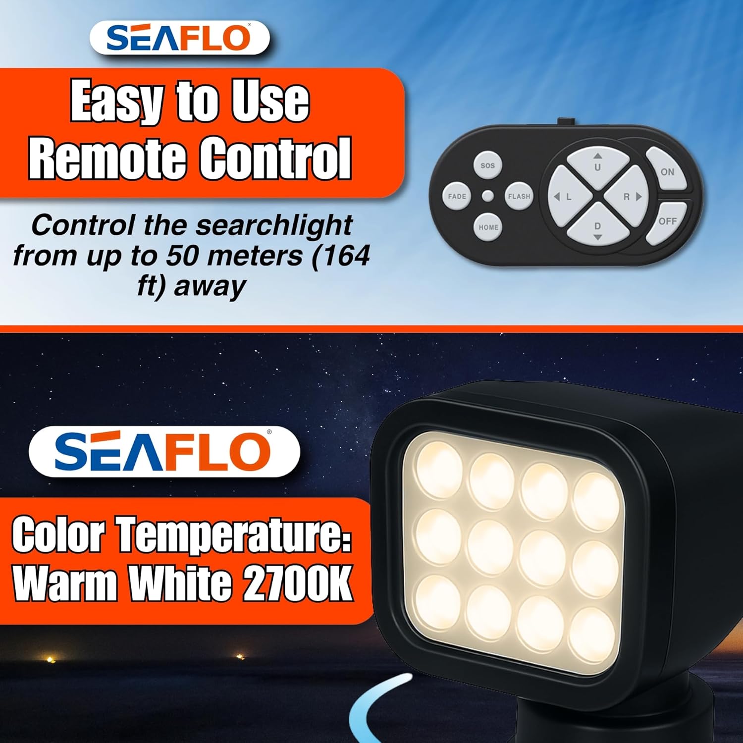 Close-up of the SEAFLO wireless remote control with buttons for direction, on/off, SOS, flash, fade, and home