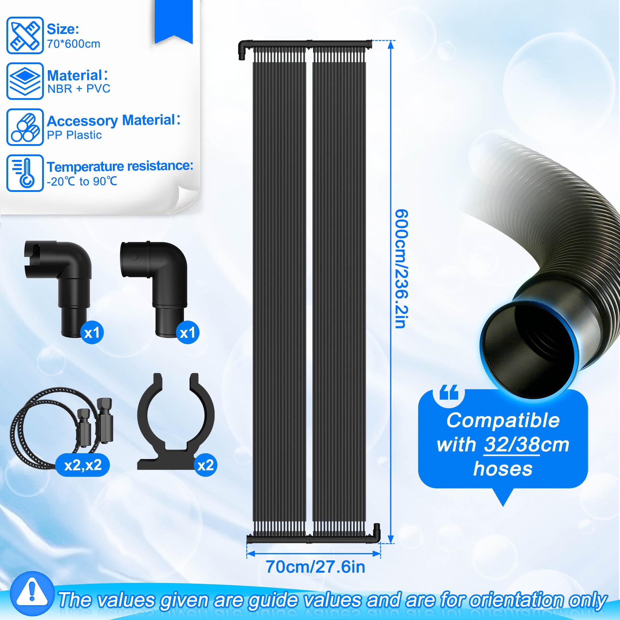 UISEBRT Colector solar para piscina, 600 x 70 cm, calefacción solar para piscina, calefacción de agua caliente, plástico resistente a los rayos UV, estera solar para piscinas