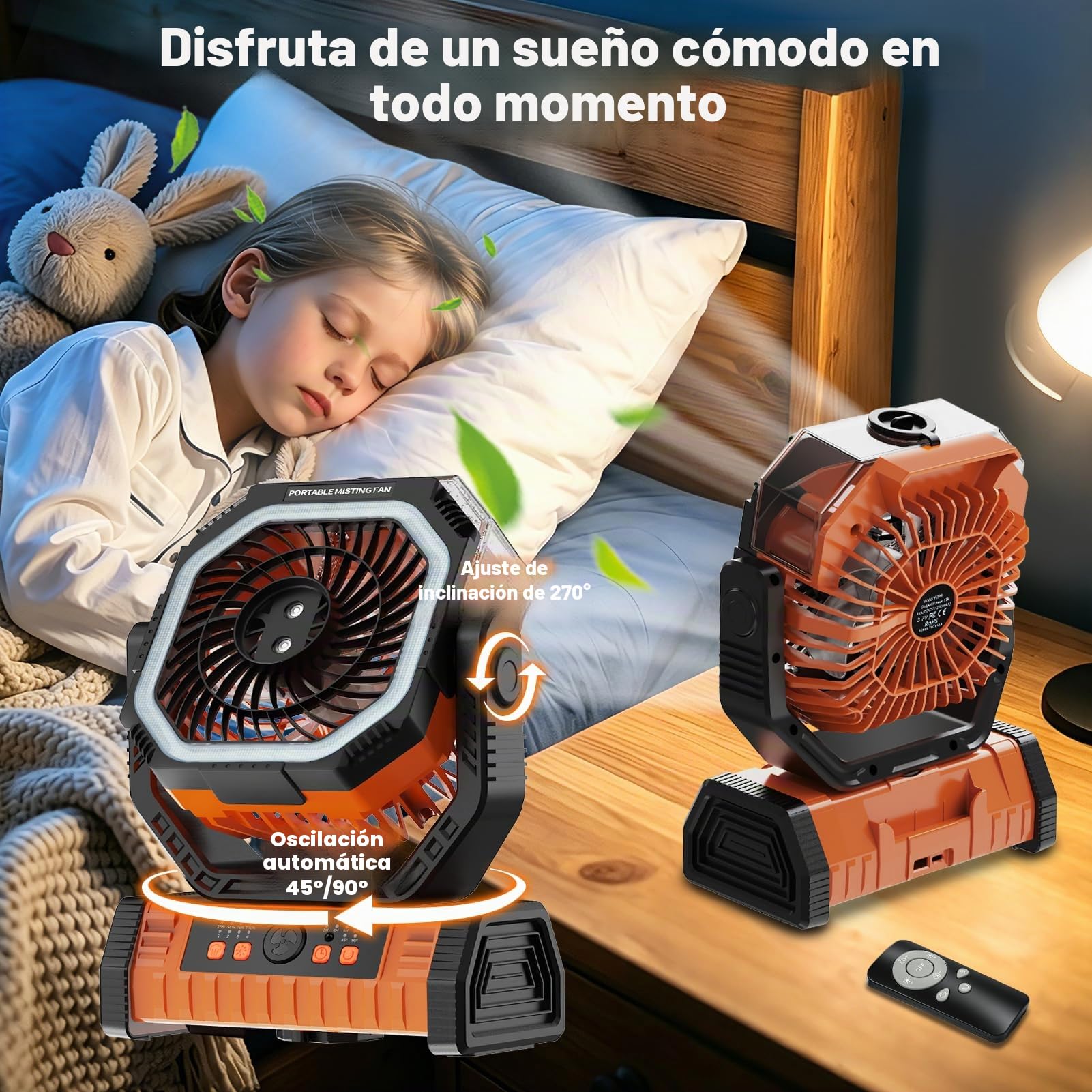 Ventilador Camping 20000mAh con Mando, Ventilador Portátil Recargable con Inclinación Manual 270° y Oscilación Auto 45°/90°, 4 Velocidades, 3 Luces LED, para Interior, Campaña, Playa (Naranja)