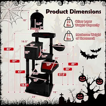 83 Inch Tall Gothic Cat Tree, Multi-Level Halloween Cat Tower with Coffin Beds, Scratching Posts, 2 Cat Condos, Dangling Balls, Hammock, and Basket Bed, Goth Cat Tree for Indoor Cats, Black