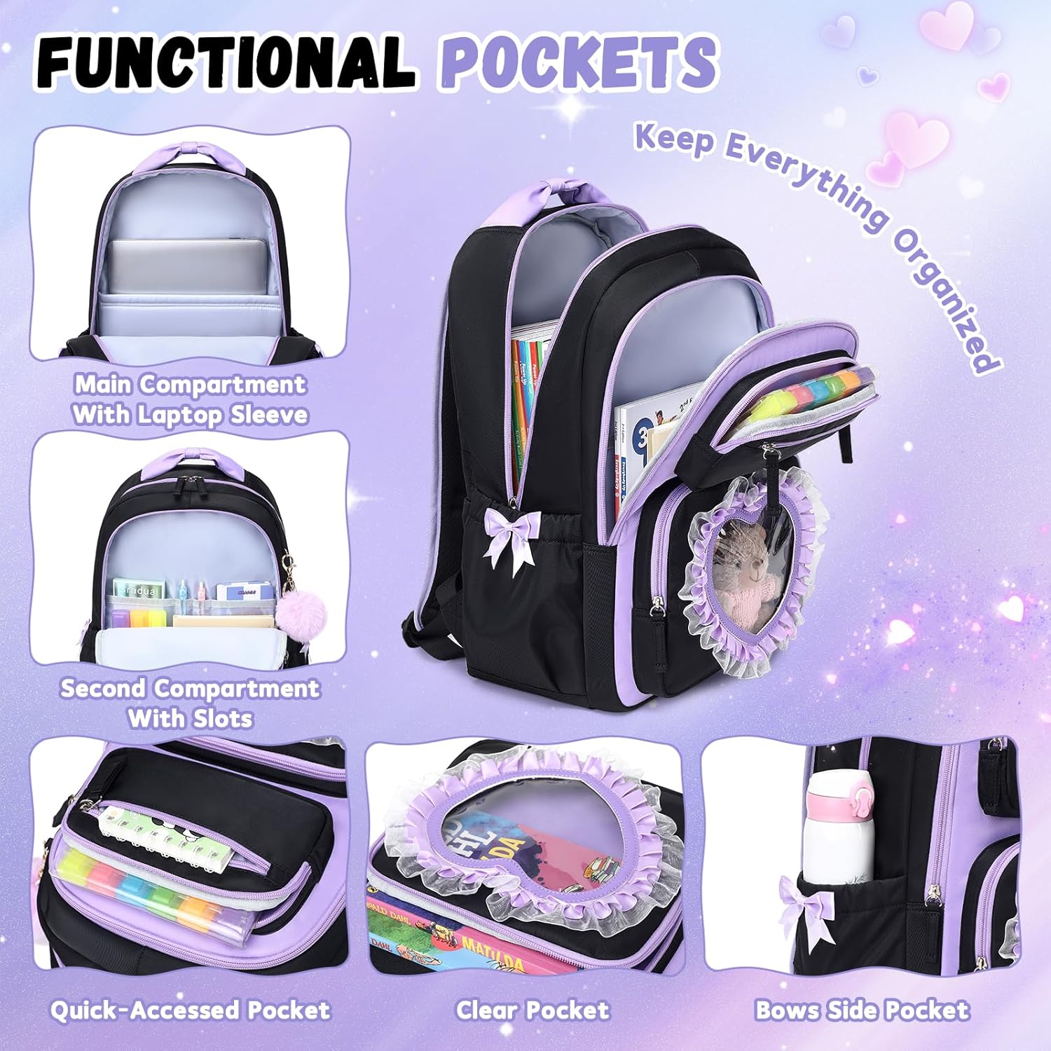 MOONBABY Girls Backpack for School, 17" Lightweight Water-resistant Elementary/Middle School Bookbag with Clear Heart Pocket, Cute Bowknot Ballet Style for Ages 6-14 Kids
