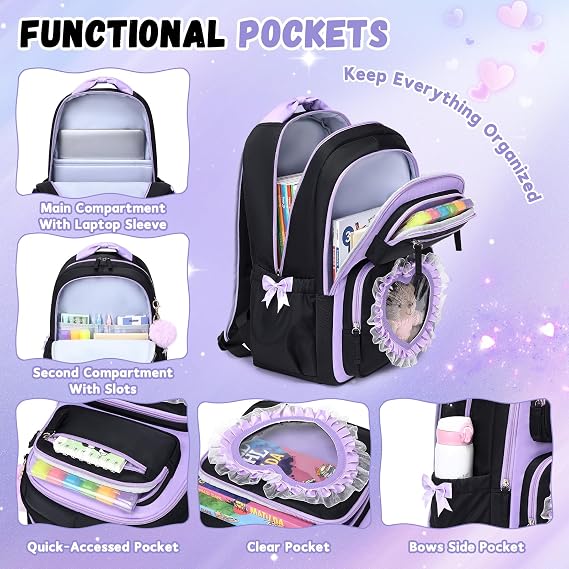 Girls School Backpack, Cute Kids Rucksack for Primary Secondary School, Kawaii Bookbag Aged 6-14 with Clear Heart Window & Pom Pom Charm