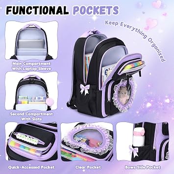 Girls School Backpack, Cute Kids Rucksack for Primary Secondary School, Kawaii Bookbag Aged 6-14 with Clear Heart Window & Pom Pom Charm